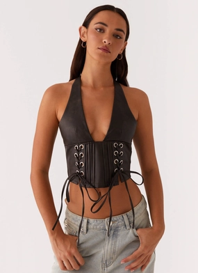 Ribbed Hemline Tagless Design Playbook Halterneck Top - Vintage Brown