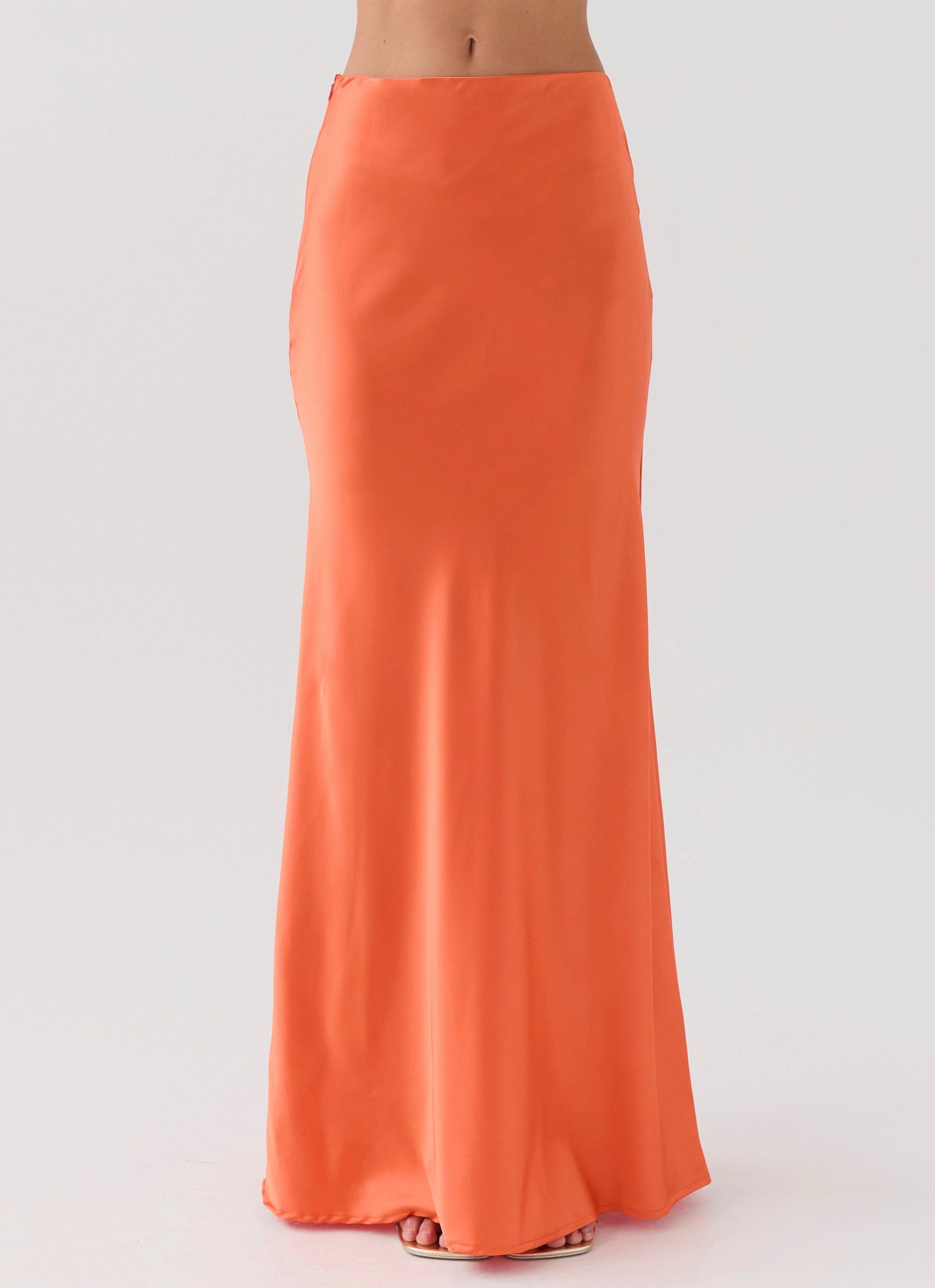 Hidden Zipper Seamless Finish Hidden Oasis Satin Maxi Skirt - Tangerine