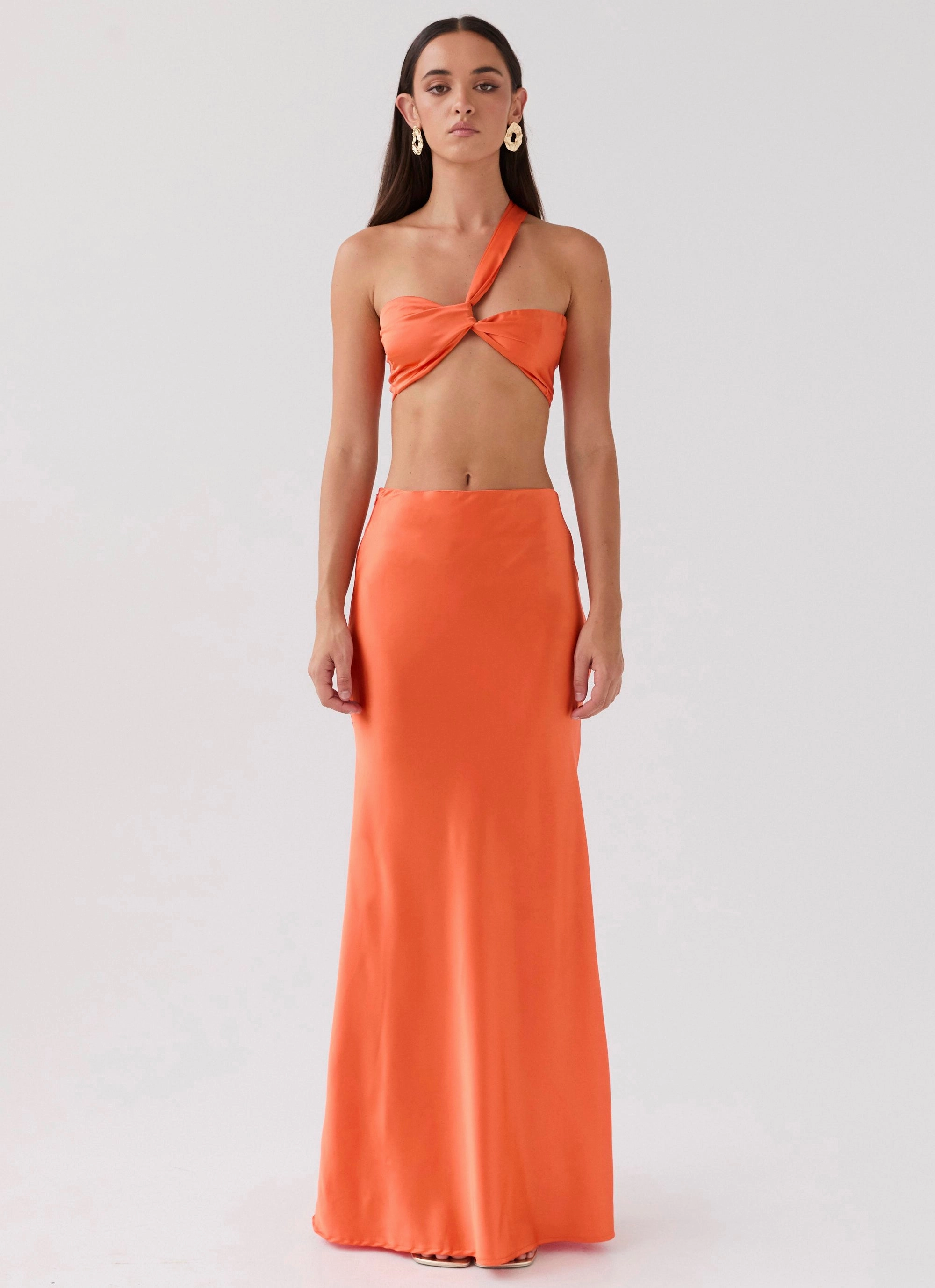 Department Store Style Laser Cut Edges Hidden Oasis Satin Maxi Skirt - Tangerine