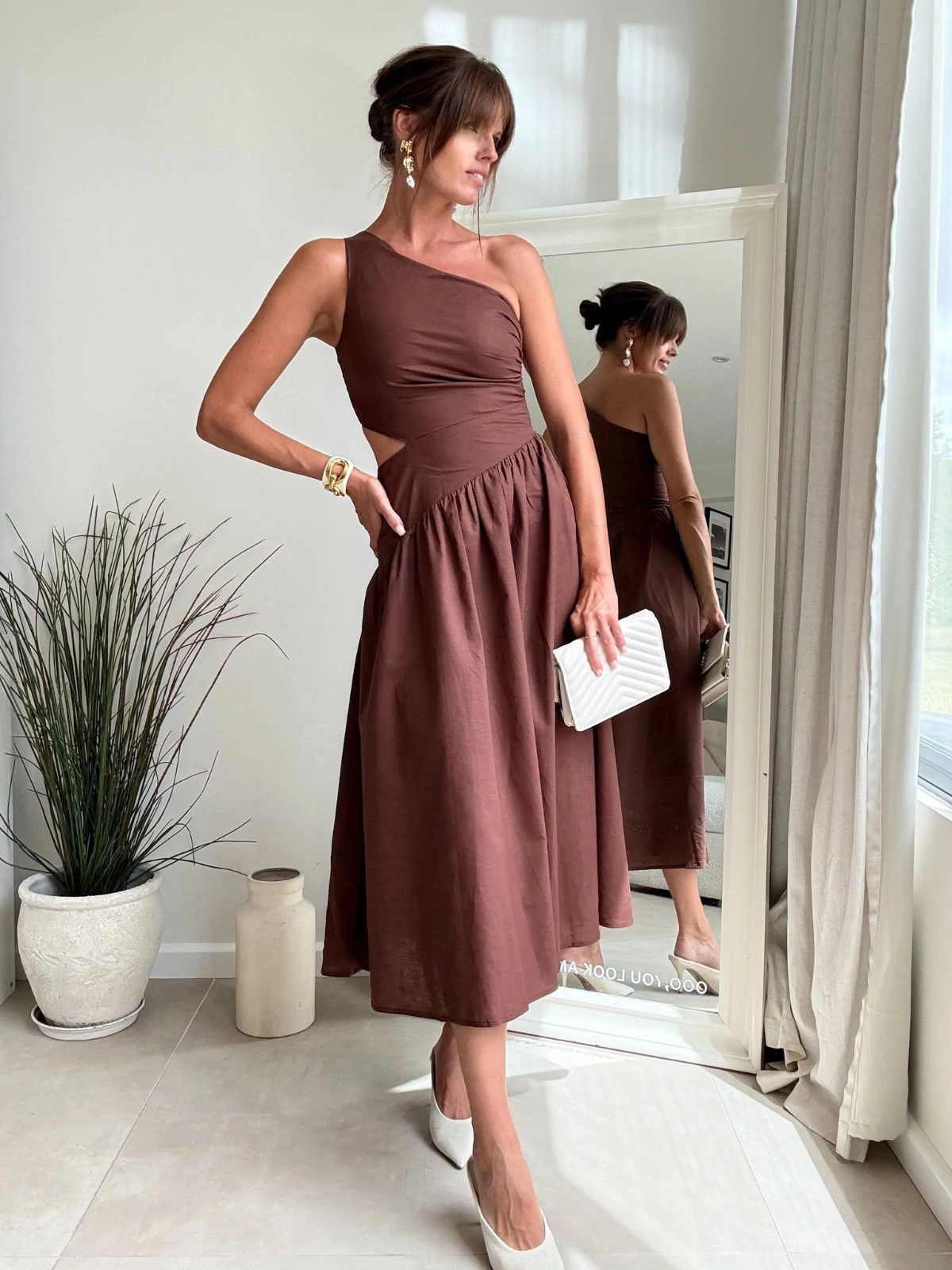 Jasmine Cut Out One Shoulder Dress in Chocolate Brown Silk Flow Air Comfort