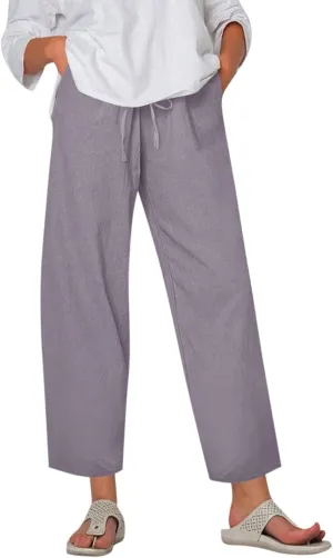 Plus Size Linen Pants for Women Wide Leg Cropped Pants Drawstring High Waisted Capri Pants Casual Loose Beach Pants