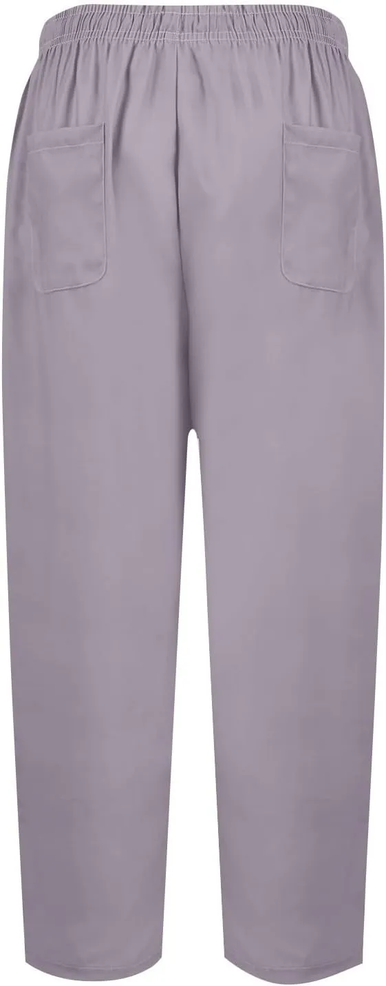 Plus Size Linen Pants for Women Wide Leg Cropped Pants Drawstring High Waisted Capri Pants Casual Loose Beach Pants