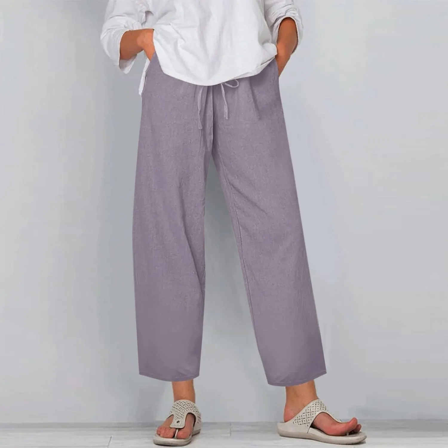 Plus Size Linen Pants for Women Wide Leg Cropped Pants Drawstring High Waisted Capri Pants Casual Loose Beach Pants