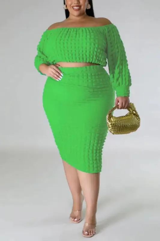 Plus-Size Seersucker Off Shoulder Crop Top Midi Skirt Set