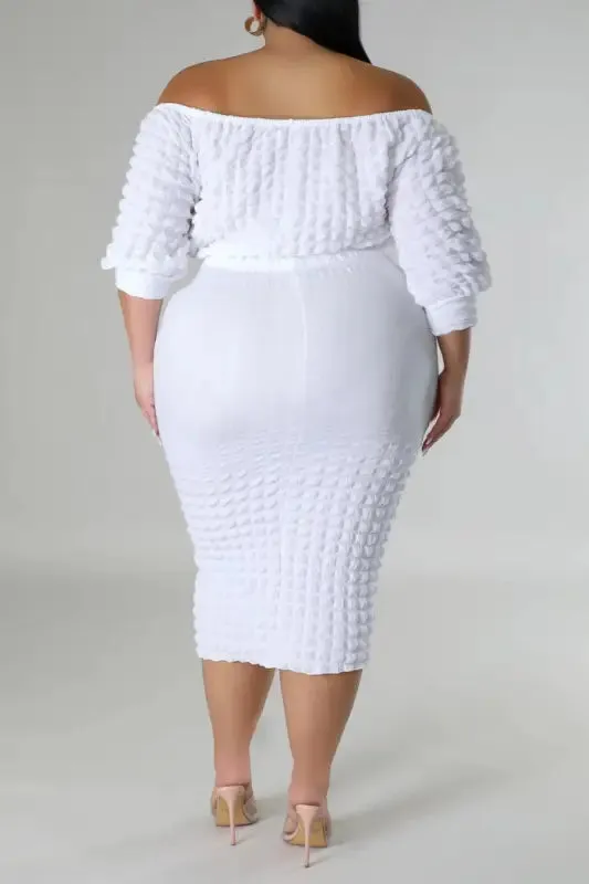 Plus-Size Seersucker Off Shoulder Crop Top Midi Skirt Set