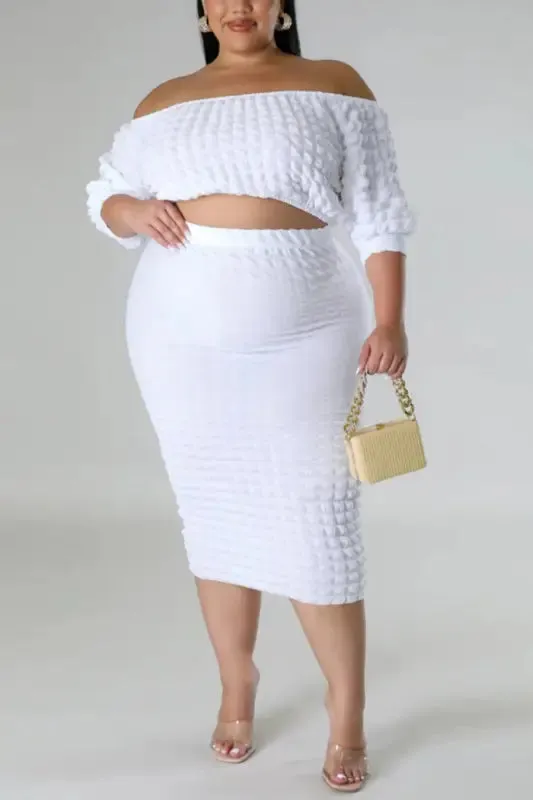 Plus-Size Seersucker Off Shoulder Crop Top Midi Skirt Set