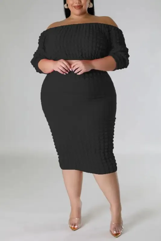 Plus-Size Seersucker Off Shoulder Crop Top Midi Skirt Set