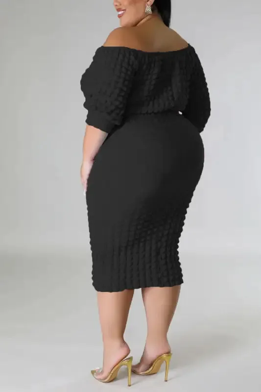 Plus-Size Seersucker Off Shoulder Crop Top Midi Skirt Set