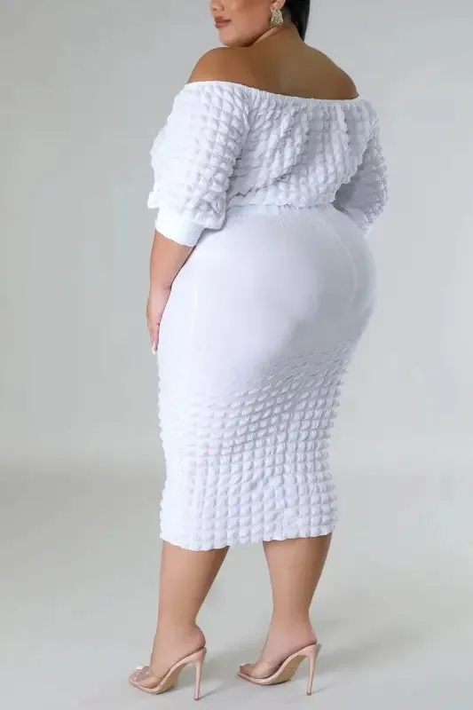 Plus-Size Seersucker Off Shoulder Crop Top Midi Skirt Set