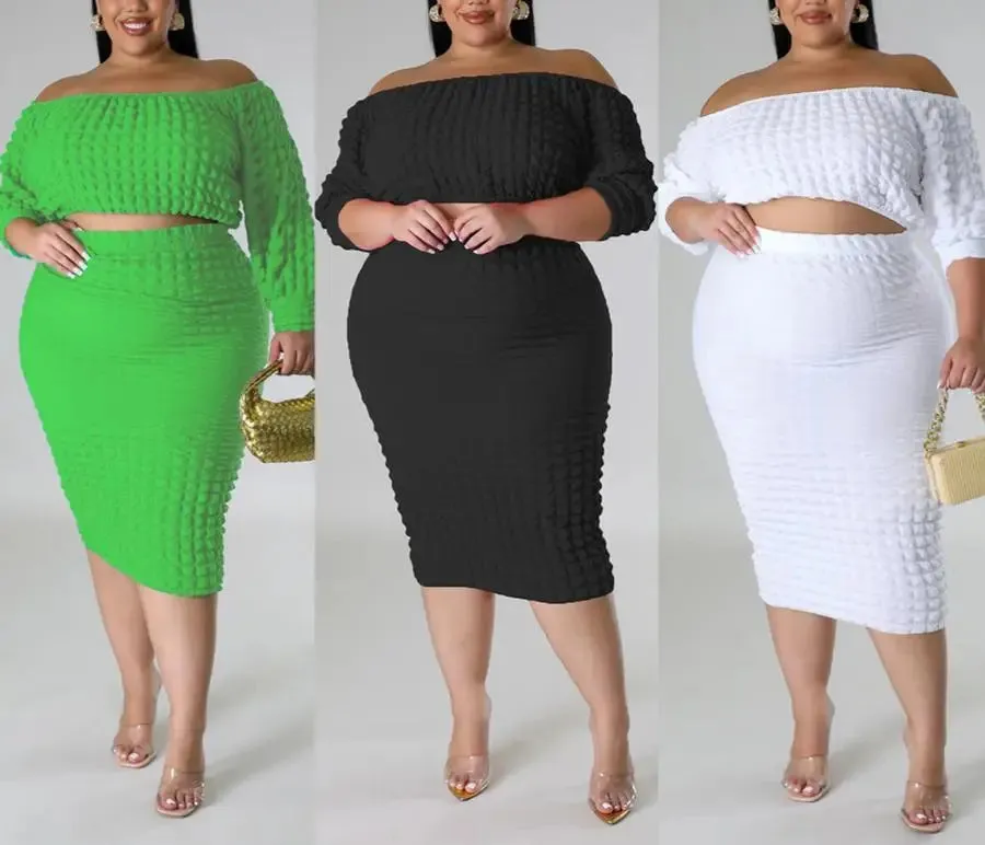 Plus-Size Seersucker Off Shoulder Crop Top Midi Skirt Set