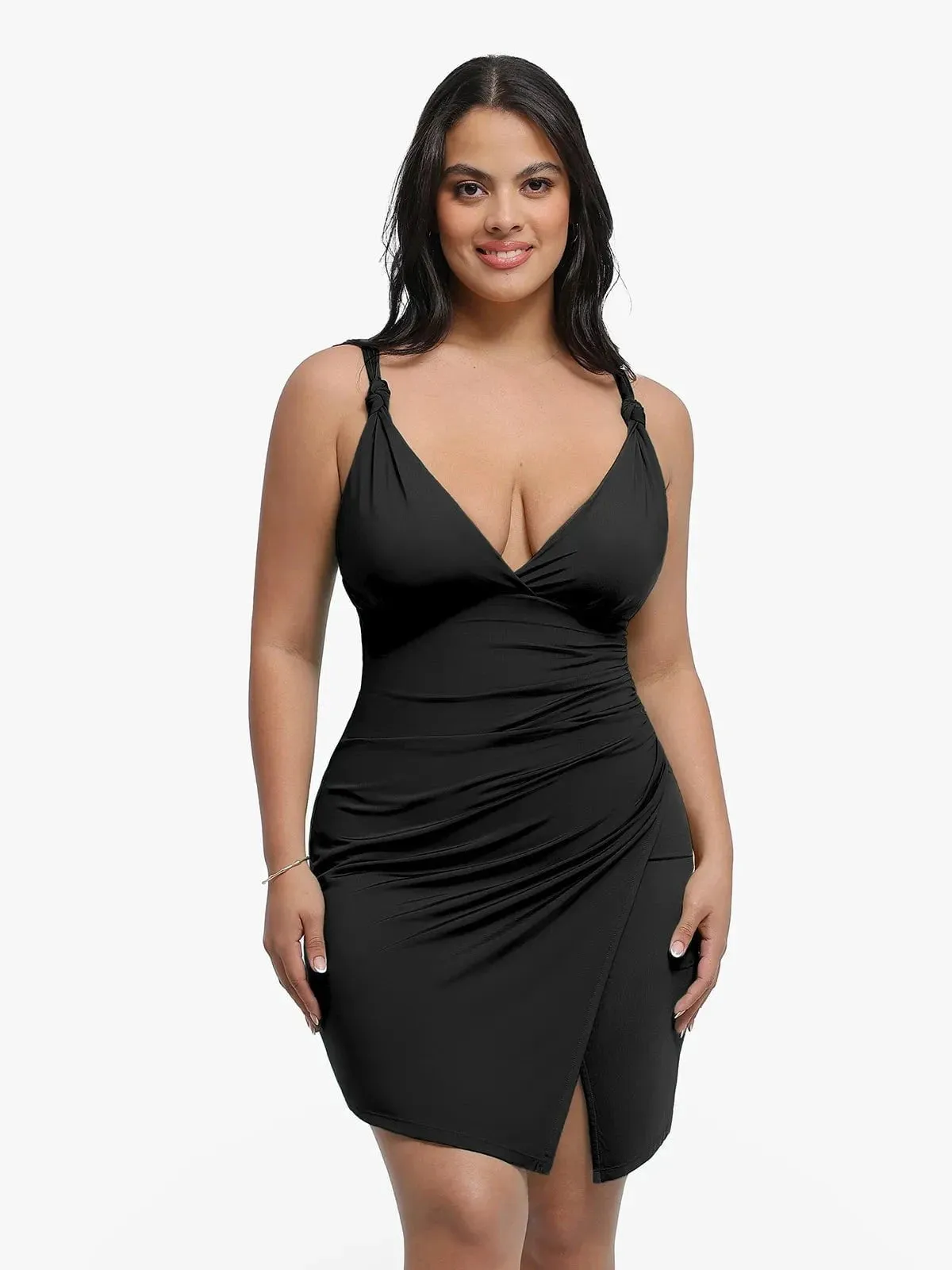 Flexible Neckline Machine Washable Fabric Shapewear Sculpting Side Slit Mini Dress