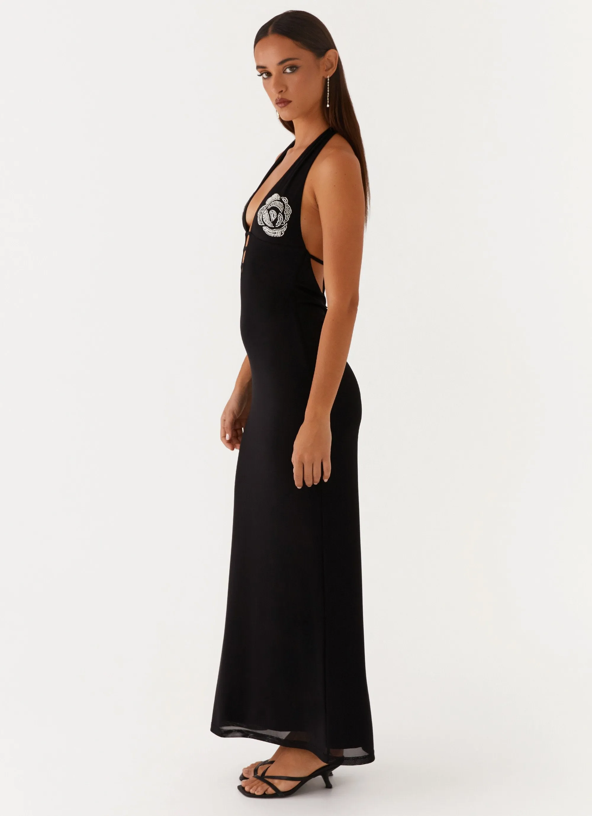Modern and Feminine Polina Beaded Halterneck Maxi Dress - Black