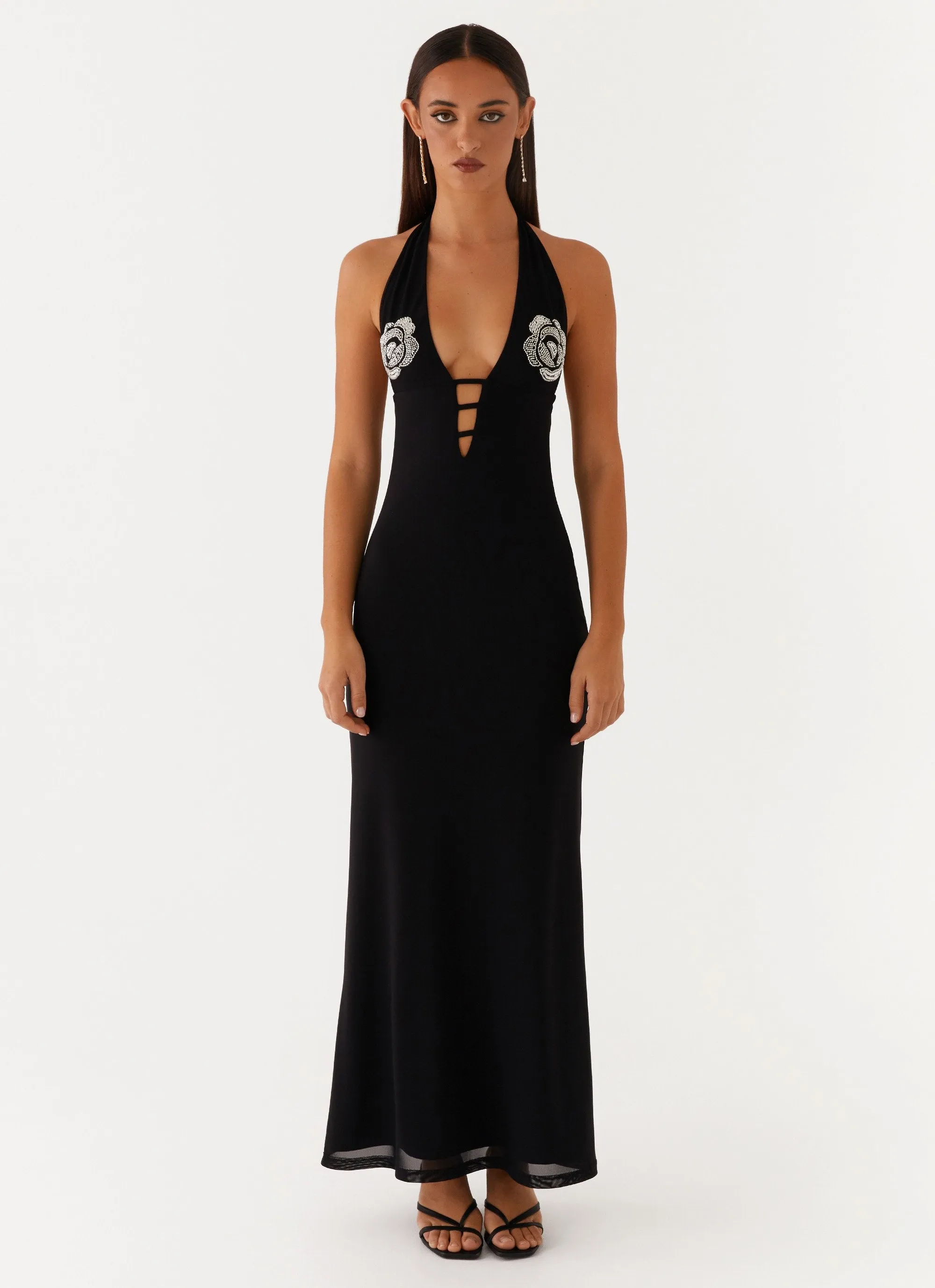 Floral Comfort Off-Shoulder Polina Beaded Halterneck Maxi Dress - Black