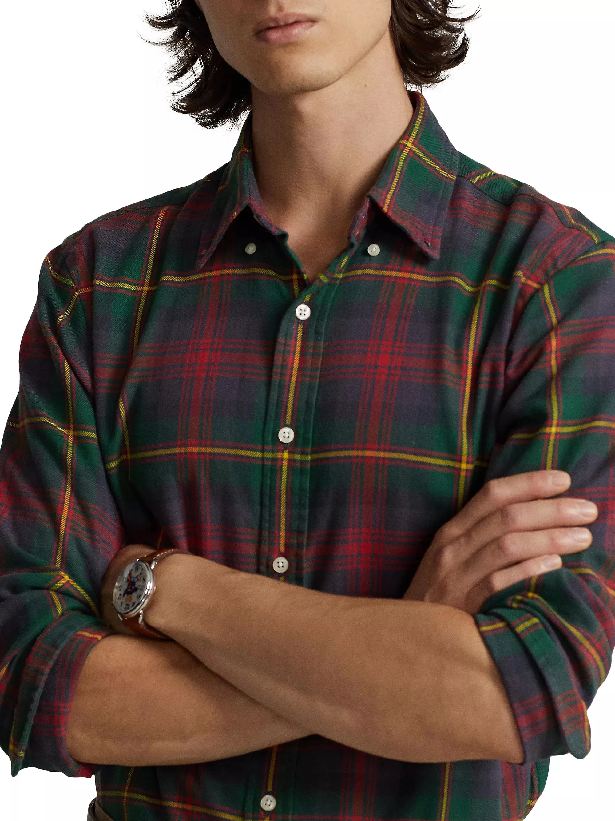 Polo Ralph Lauren Mens Button Down Plaid Sueded Flannel Shirt Green Red Medium