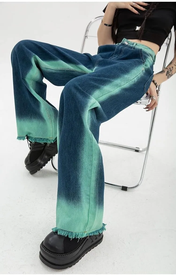 Pooyikoi Y2K Contrast Color Jeans Women's Trousers high Waist Loose Straight Tube Thin Wide Leg mop Pants