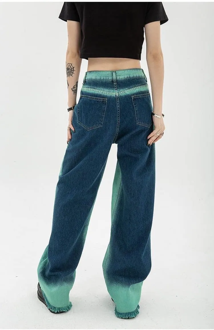 Pooyikoi Y2K Contrast Color Jeans Women's Trousers high Waist Loose Straight Tube Thin Wide Leg mop Pants