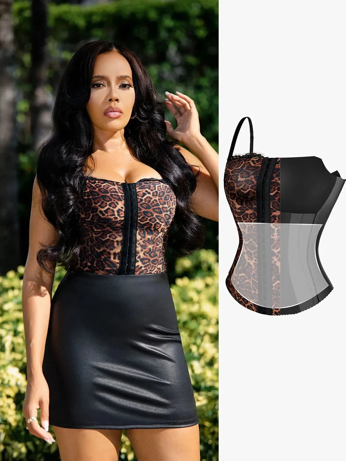 Water Repellent Finish Popilush X Angela Shapewear Sculpting Leopard Mesh Detachable Strap Corset Top