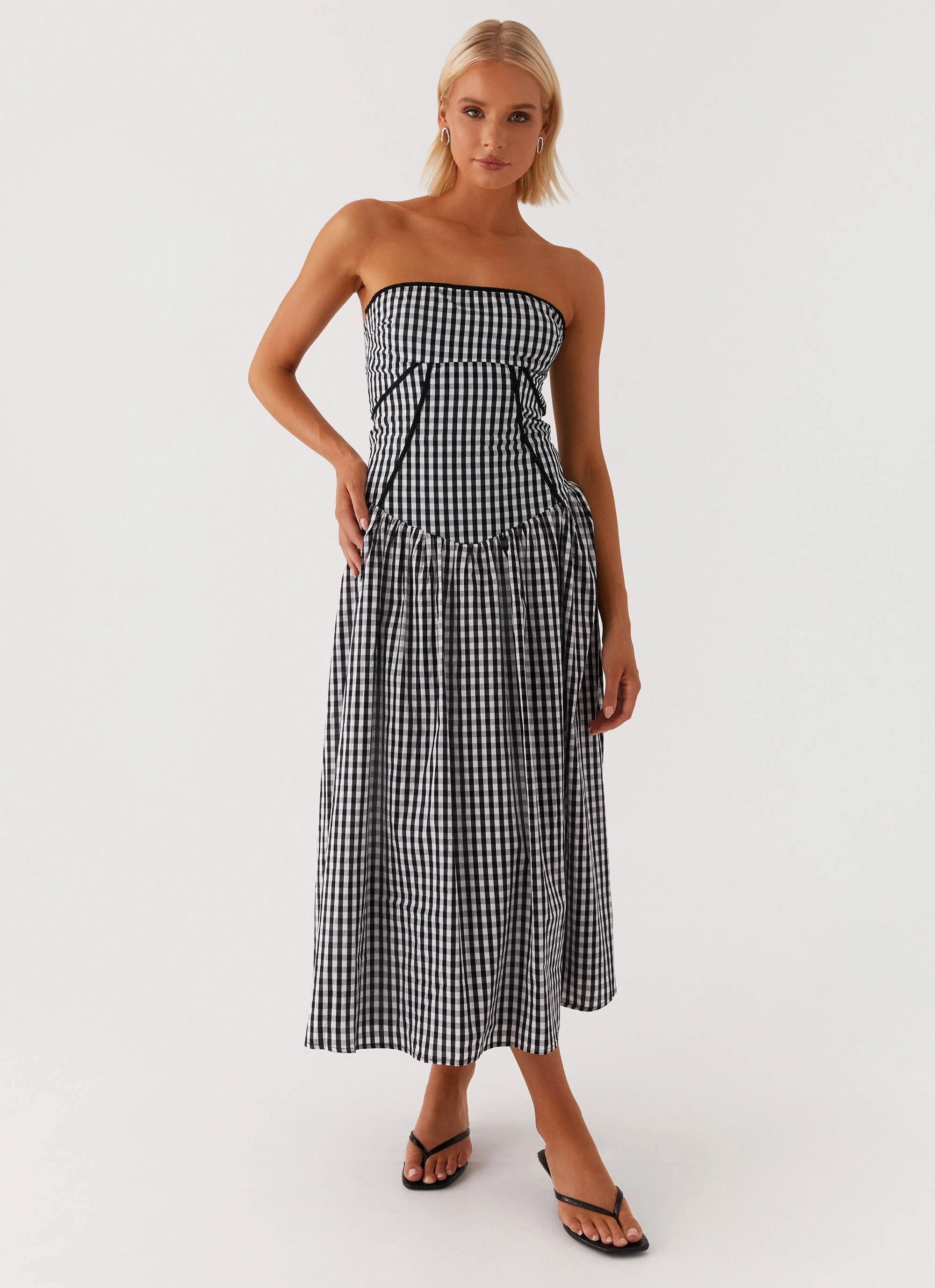 Trendy Layering Style Ease Larnie Midi Dress - Black Gingam