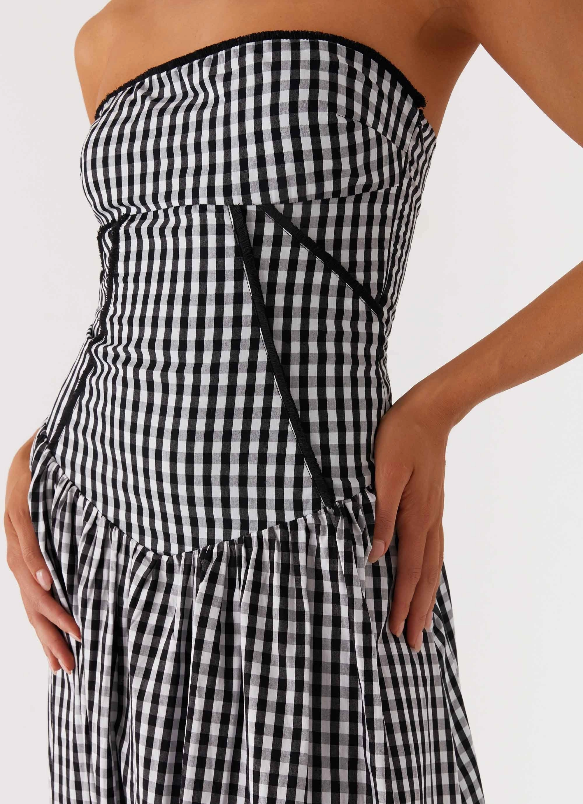 Petal Zone Minimal Design Larnie Midi Dress - Black Gingam