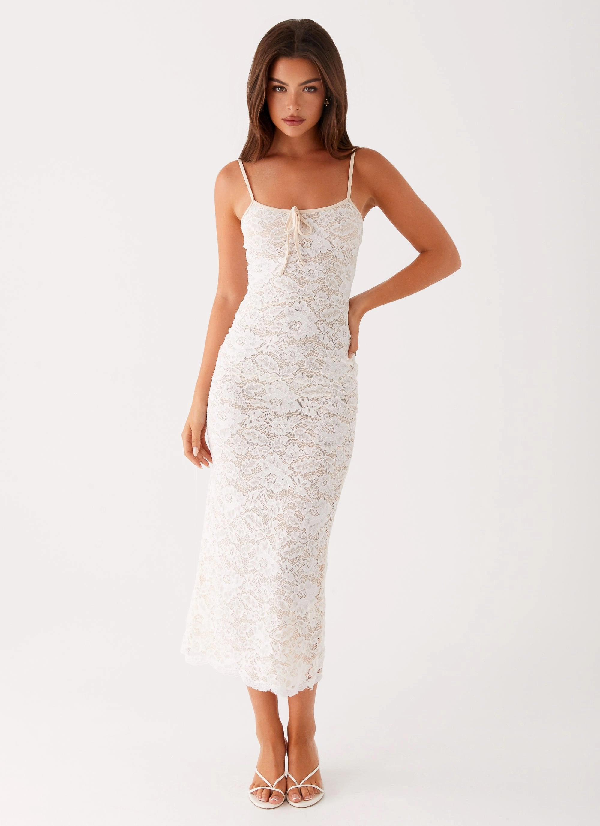 Feminine Energy Fashionable Wear Postcards Lace Midi Dress - Ivory