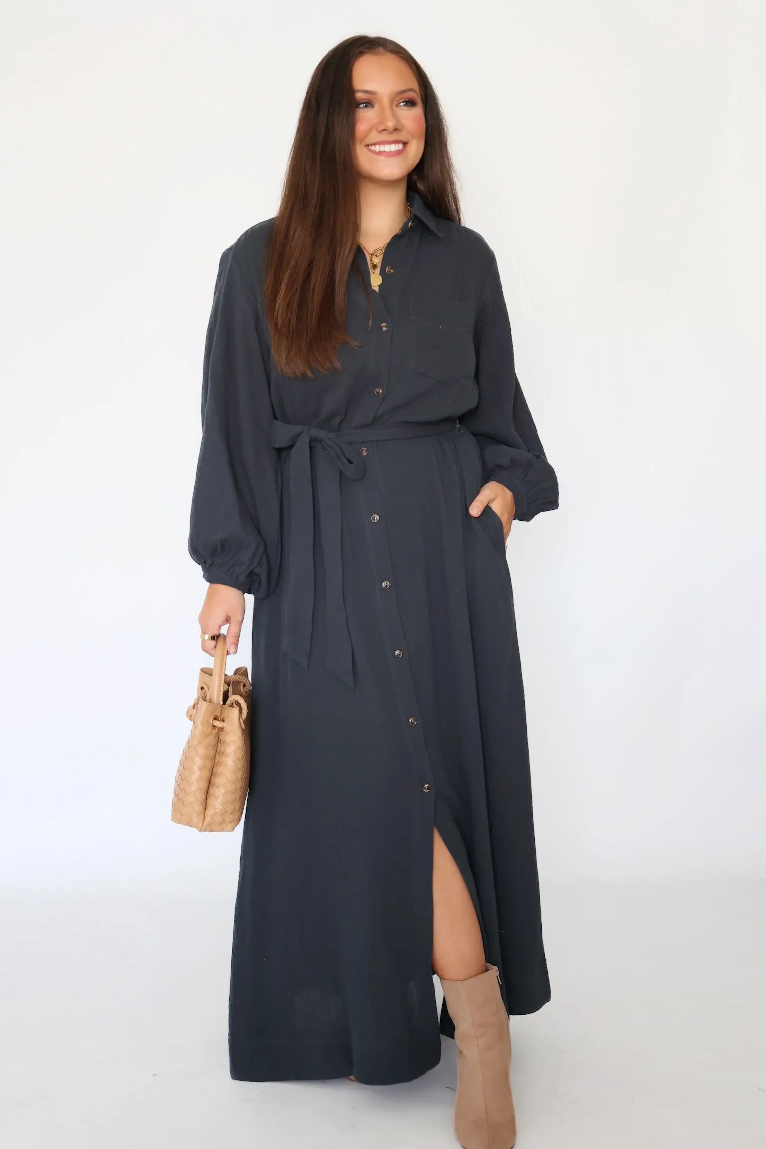 Falling For You Shirt Dress - Ash (FINAL SALE) Hidden Zipper Flutter-Sleeve