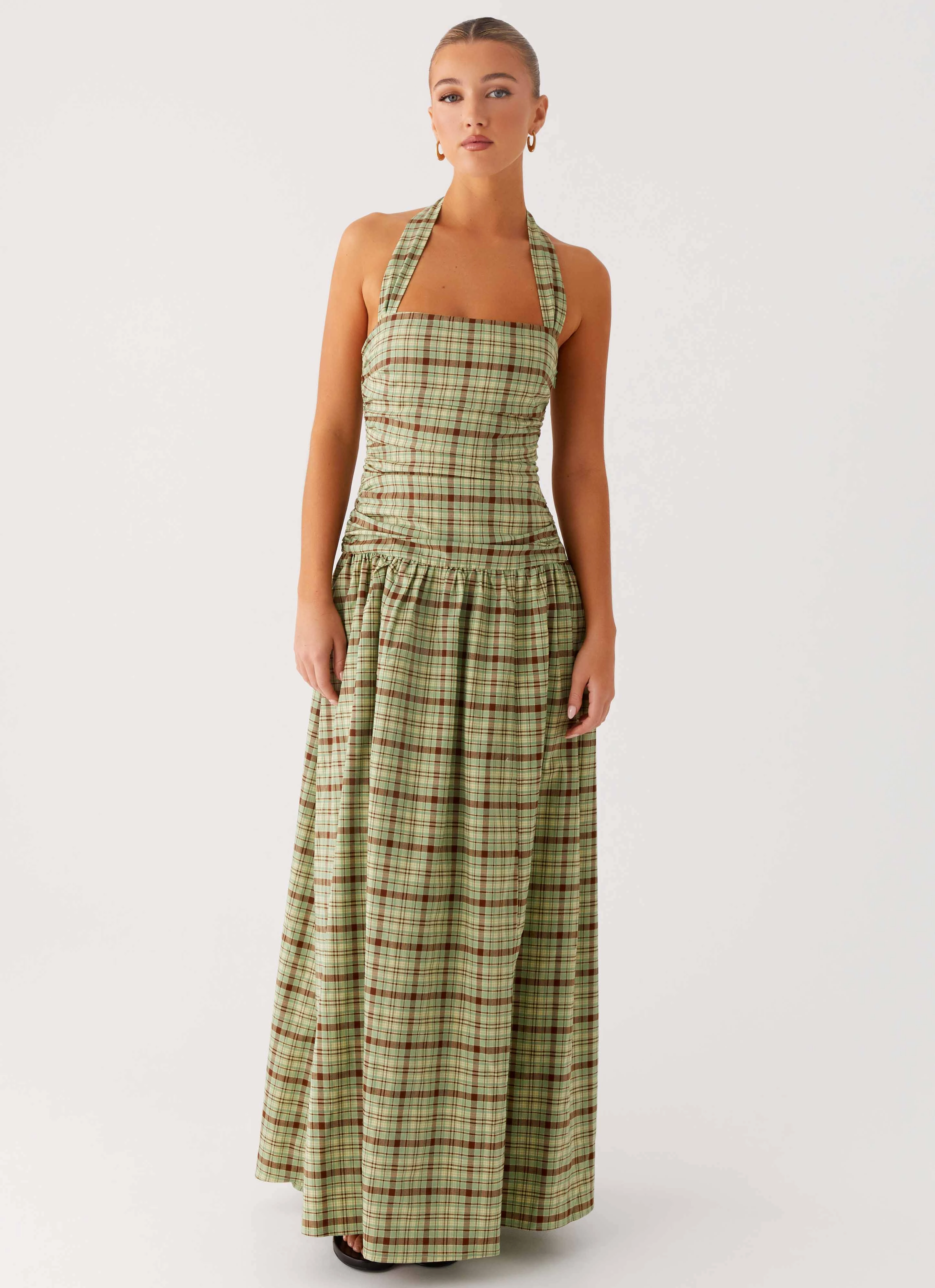 Elegant Waist Lilith Maxi Dress - Forest Plaid