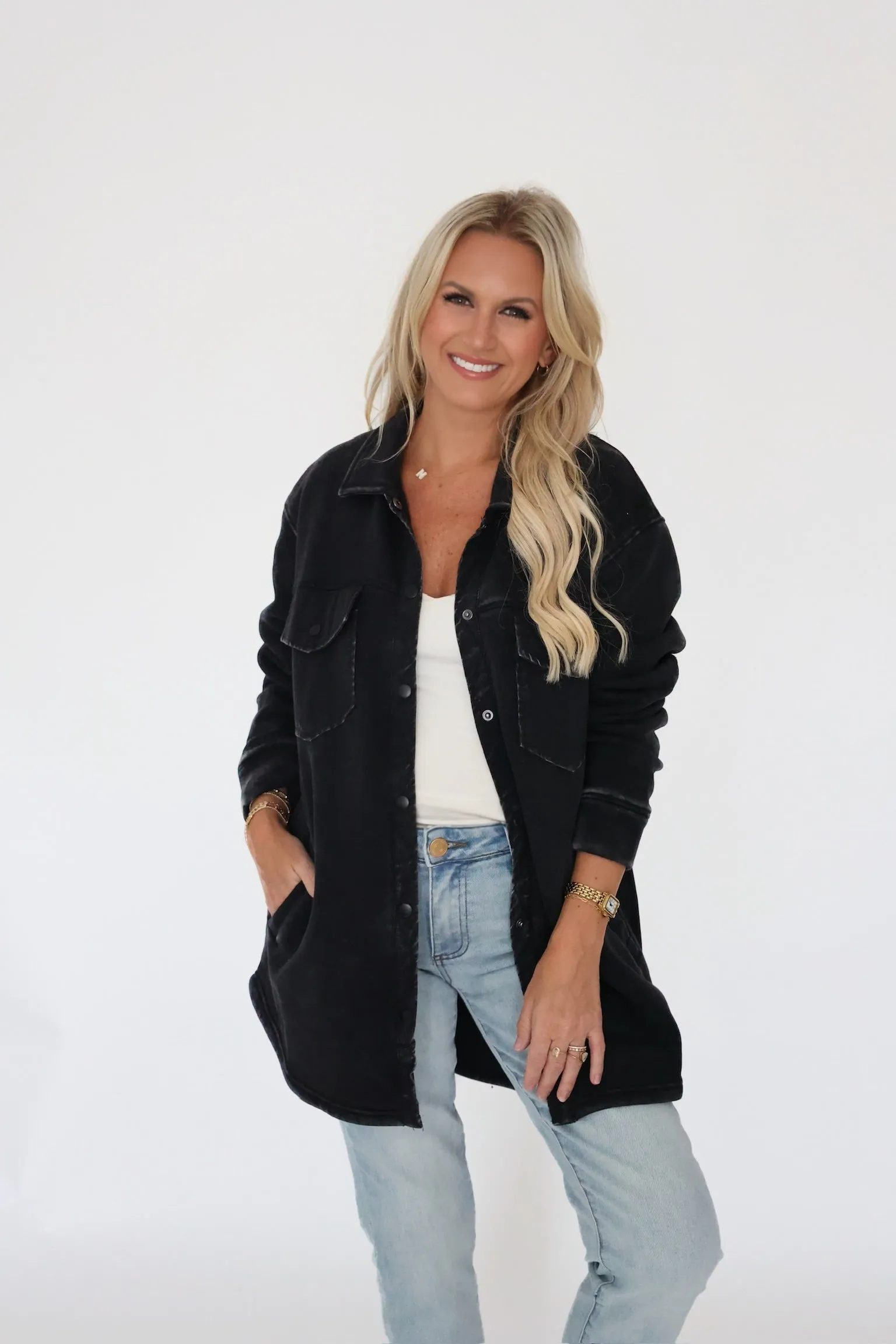 FlexibleCuffs VentedBack In A Snap Shacket- Black