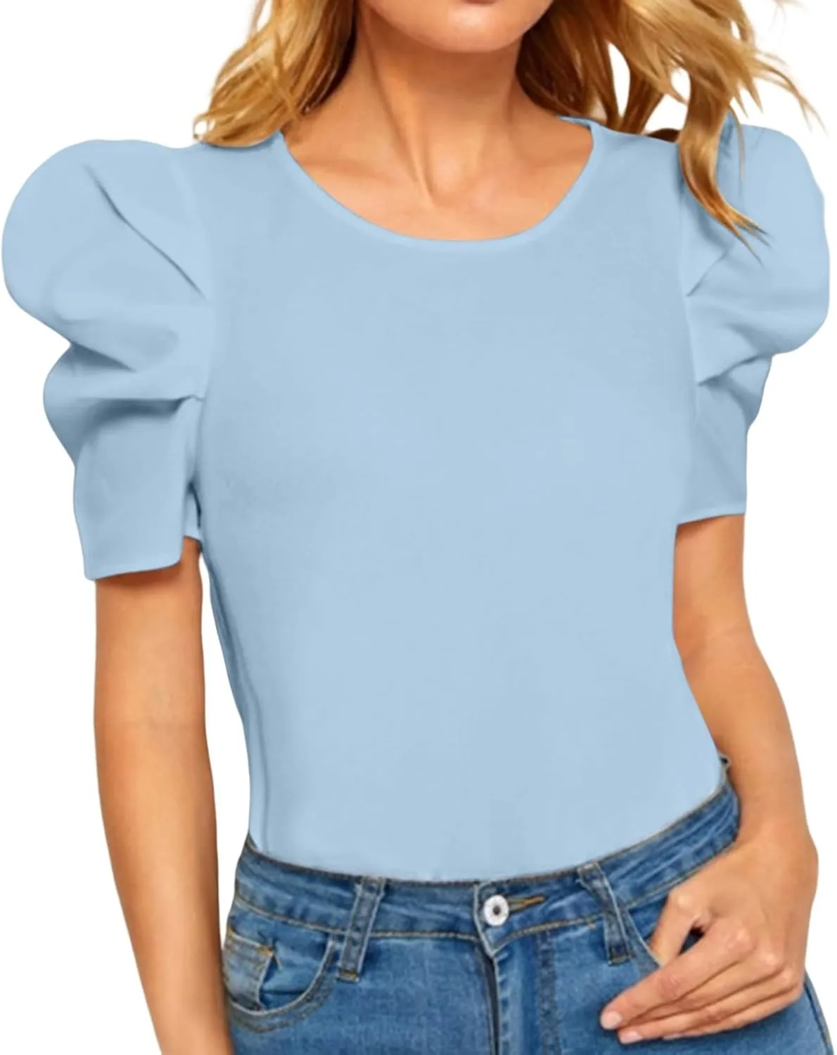 Puff Short Sleeve Sweater for Women Tops Trendy Spring Summer 2025 Business Casual Outfits Crewneck Shirt Blouses
