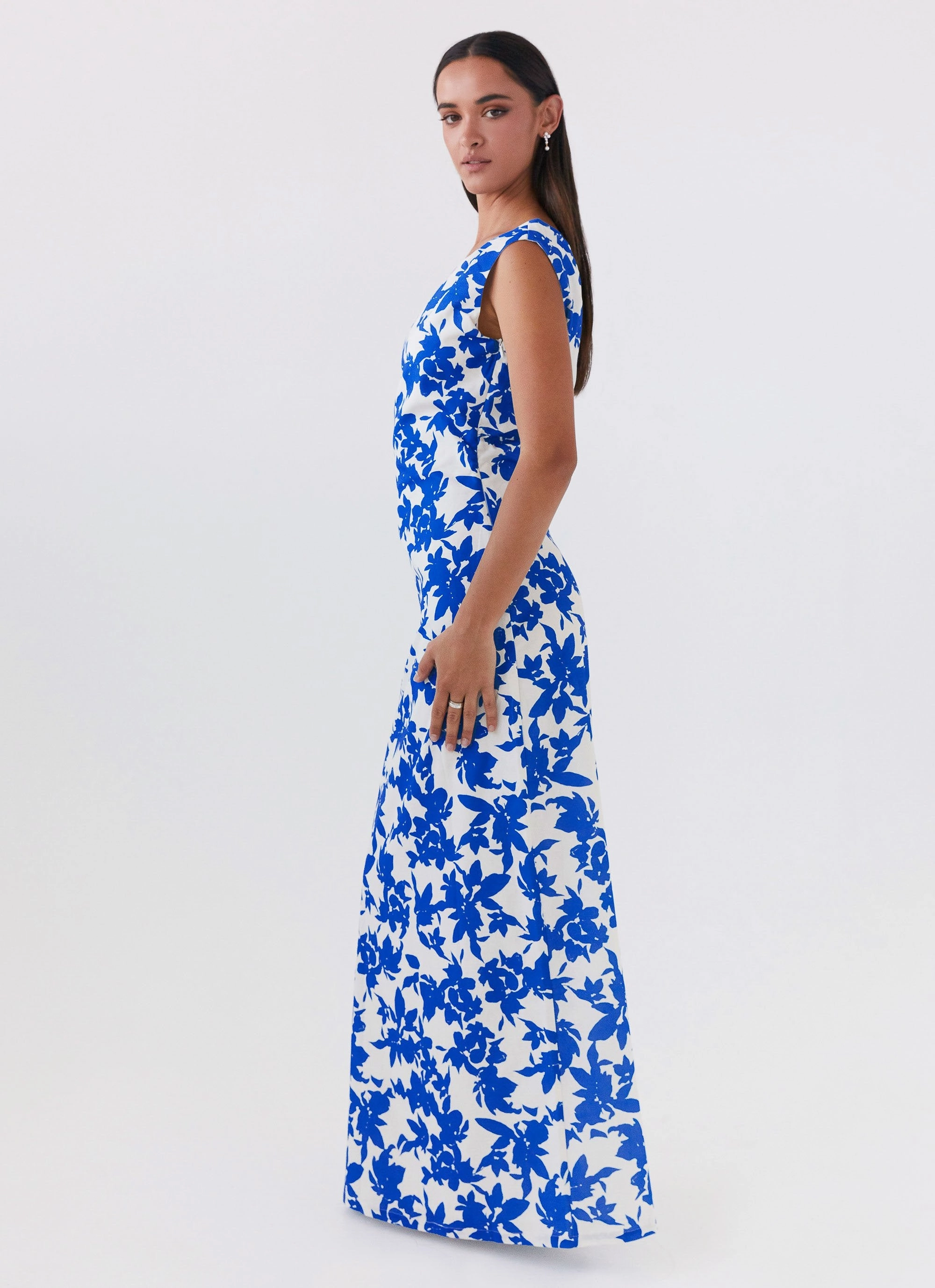 Fresh Color Evening-Wear Pyper Off Shoulder Maxi Dress - Blue Floral