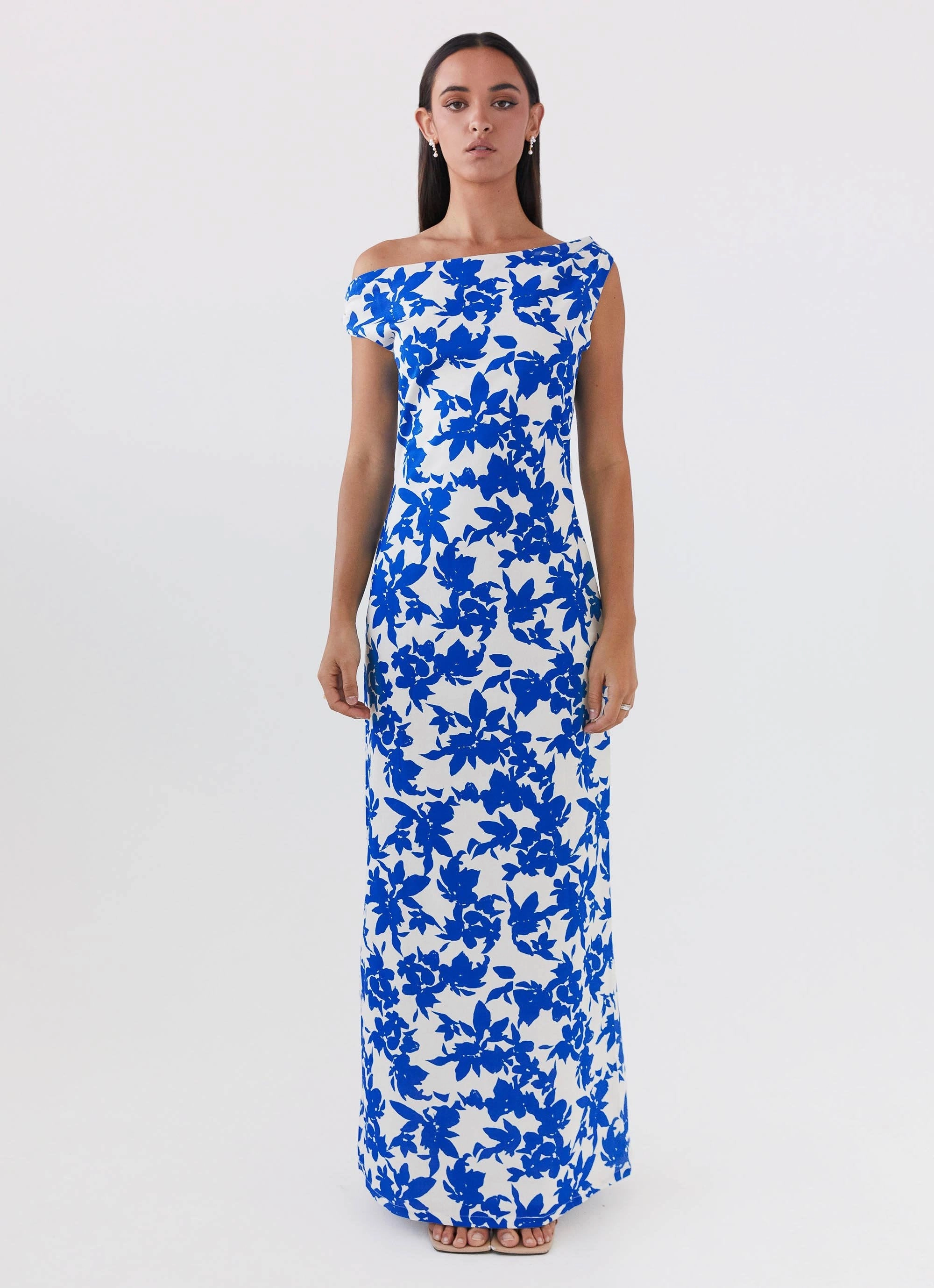 Pyper Off Shoulder Maxi Dress - Blue Floral Trendy Waist Gradient Shade