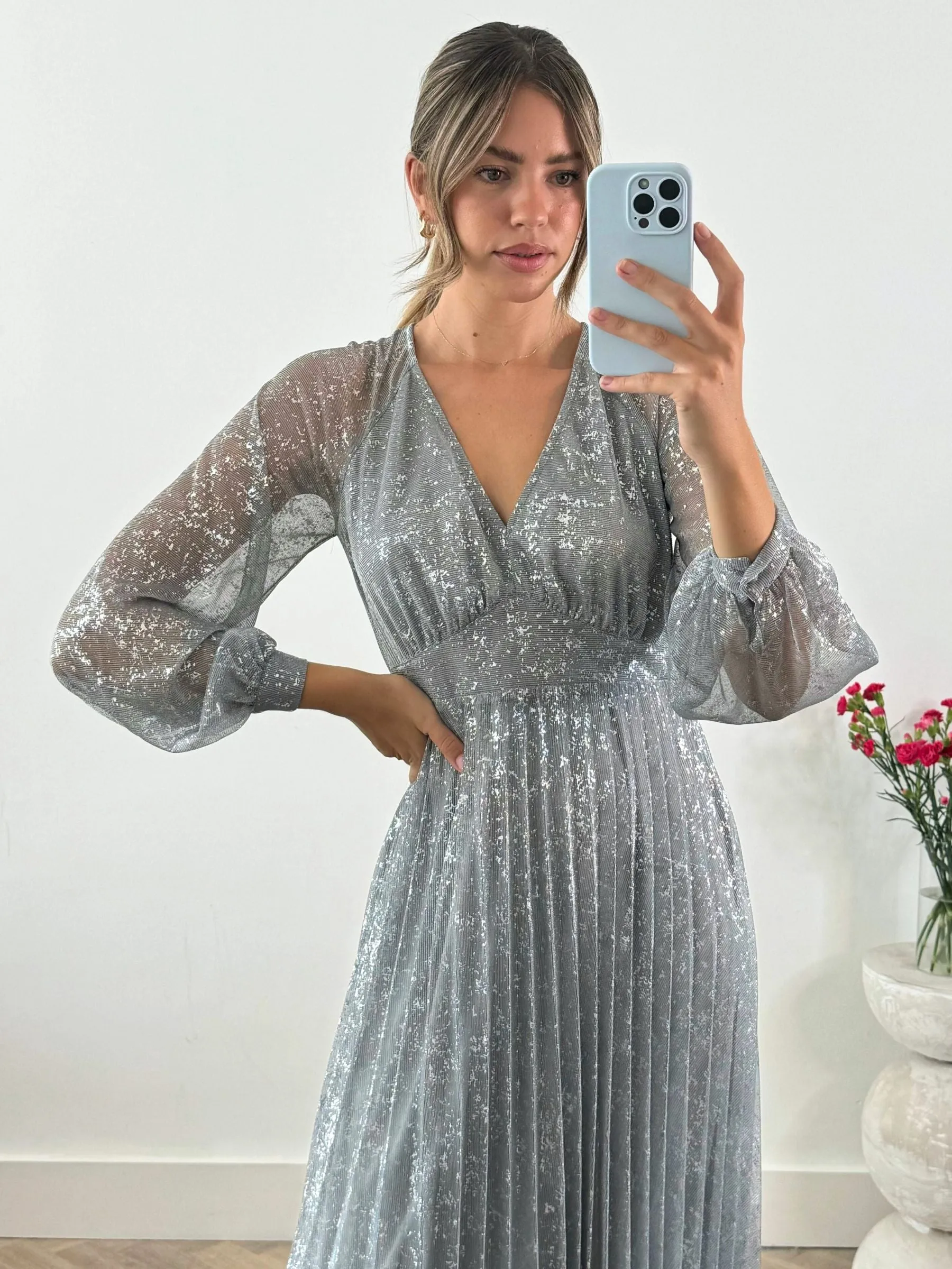 Dannica Pleated Balloon Sleeve Maxi Dress / Silver countryside Feminine Movement