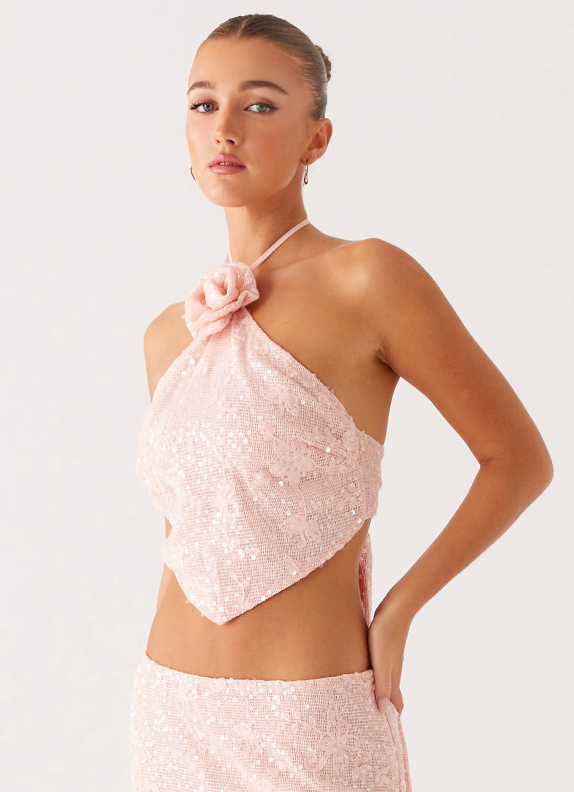 High Neckline Structure Reflective Safety Accents Queenie Sequin Halter Top - Pink