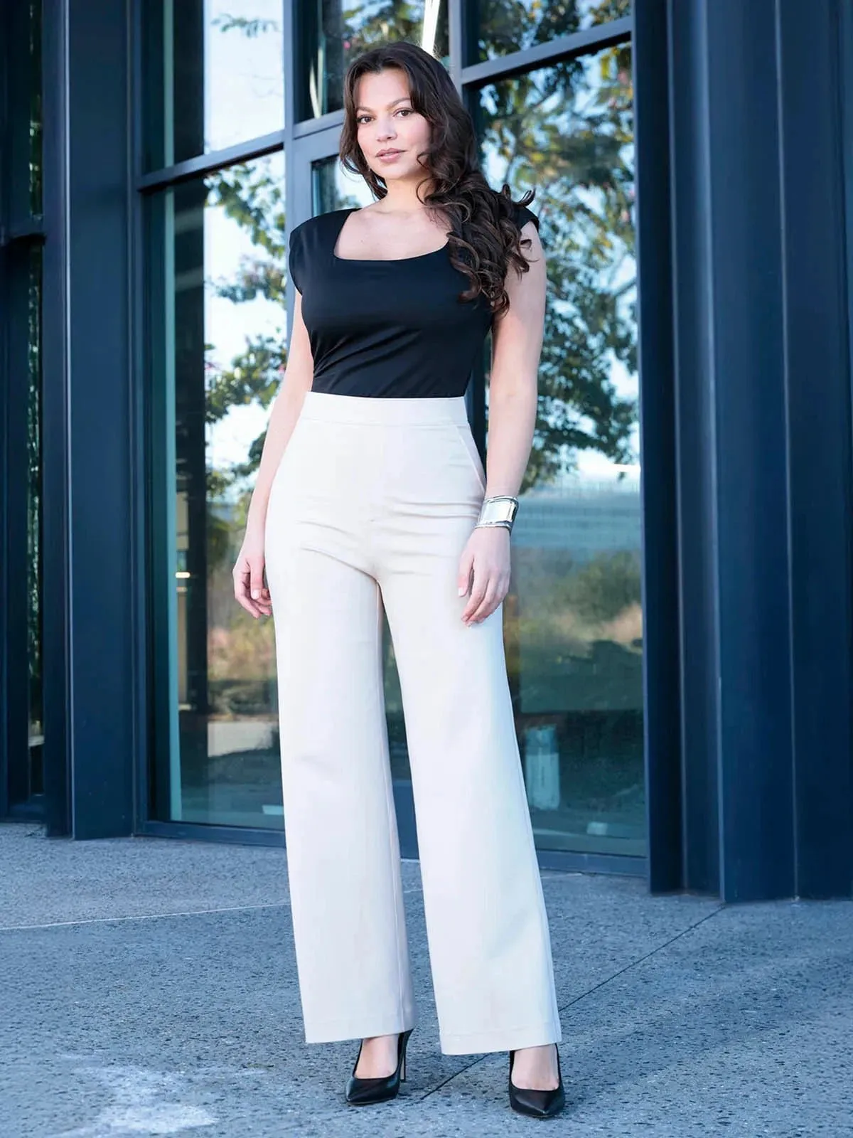 Lightweight Material Non Restrictive Cut Shapewear Padded Shoulder Slimming Bodysuit Wide-Leg Pants Set