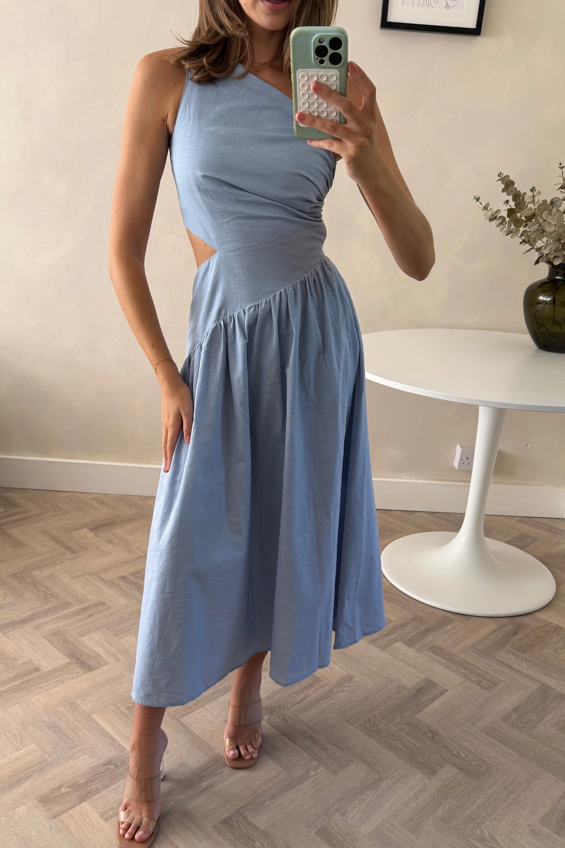 Work Fit Jasmine Cut Out One Shoulder Dress in Baby Blue