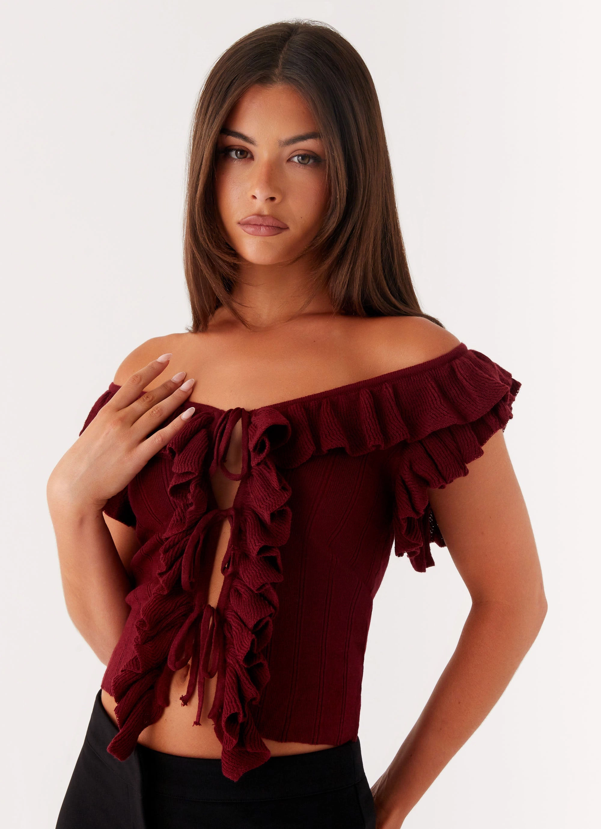 Keeta Frill Top - Burgundy Everyday Comfort