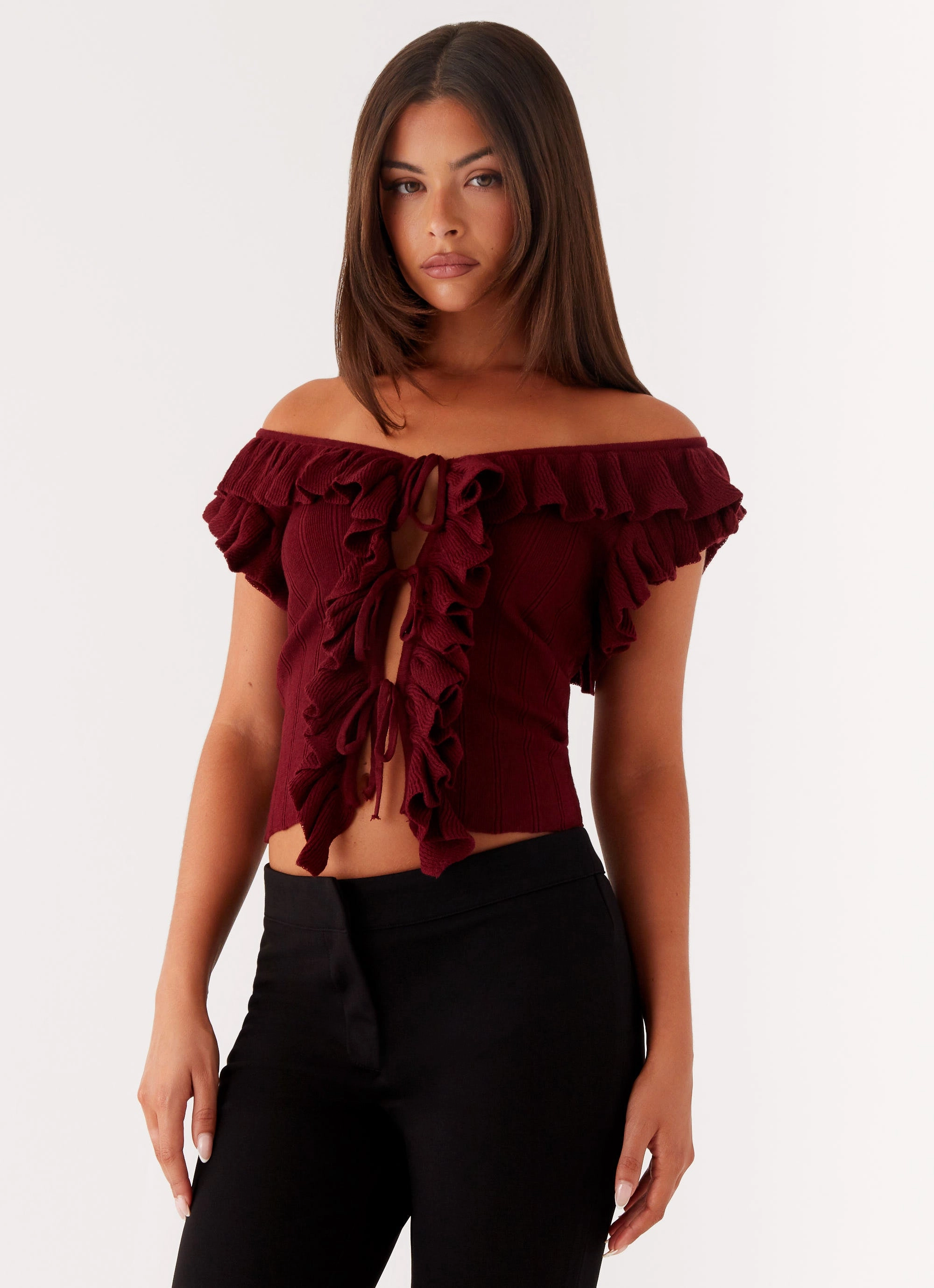 Soft Touch Blend ThermalRegulation Keeta Frill Top - Burgundy