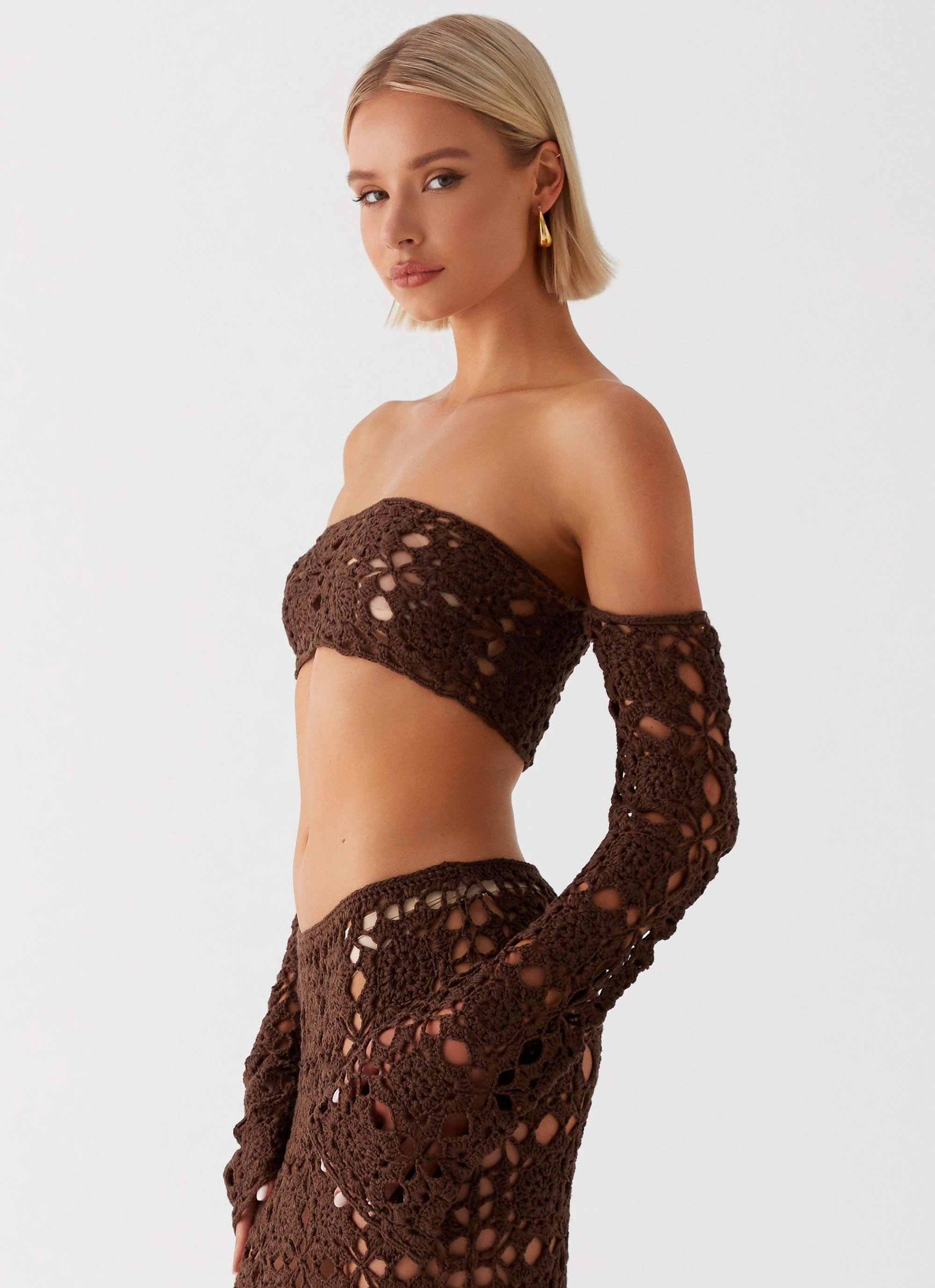 OrganicCottonBlend Skinny Fit Sorrentino Crochet Long Sleeve Top - Chocolate