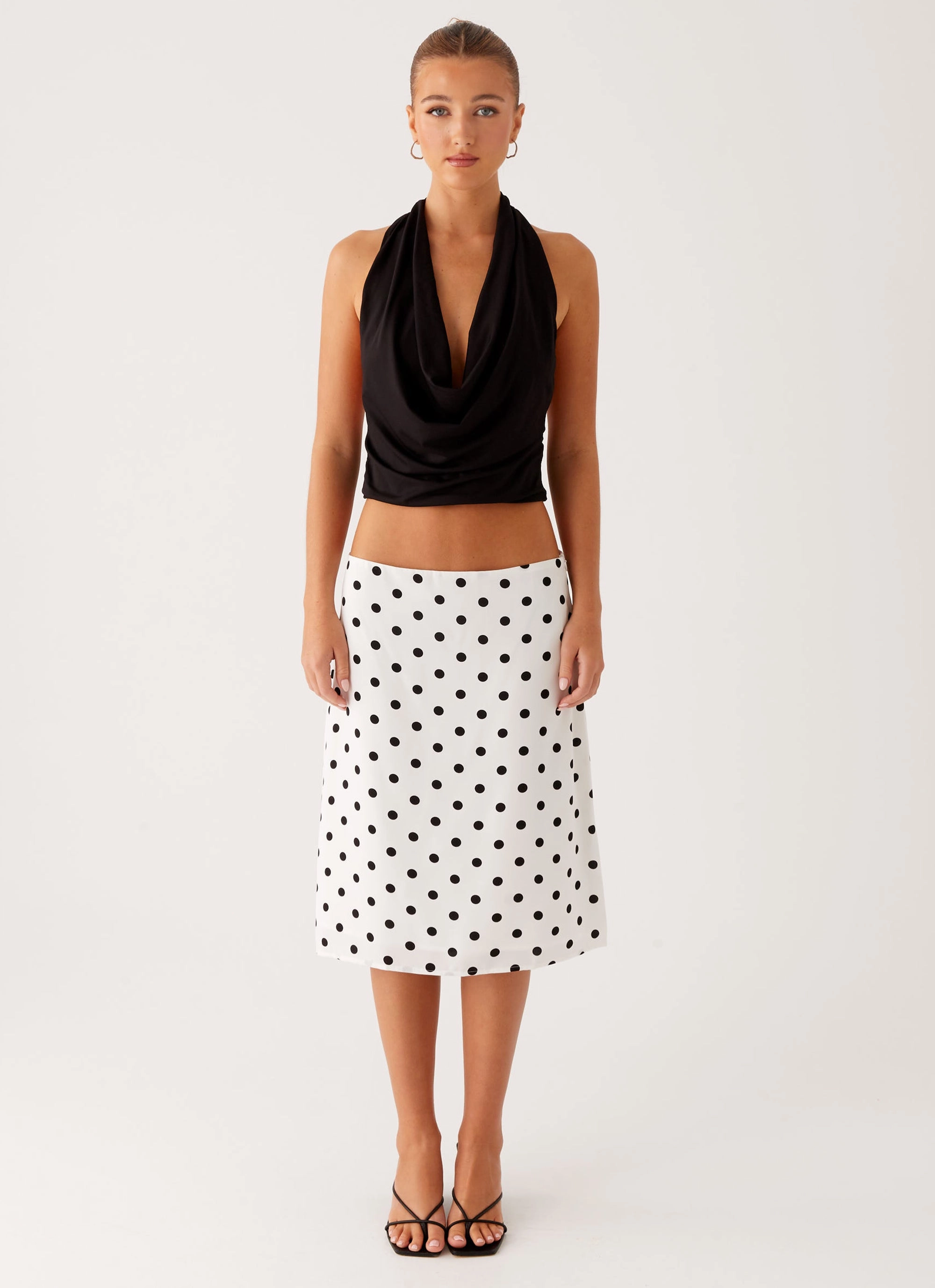 Evoke Chiffon Midi Skirt - White Polka Dot Elastic Fit Layer Ready