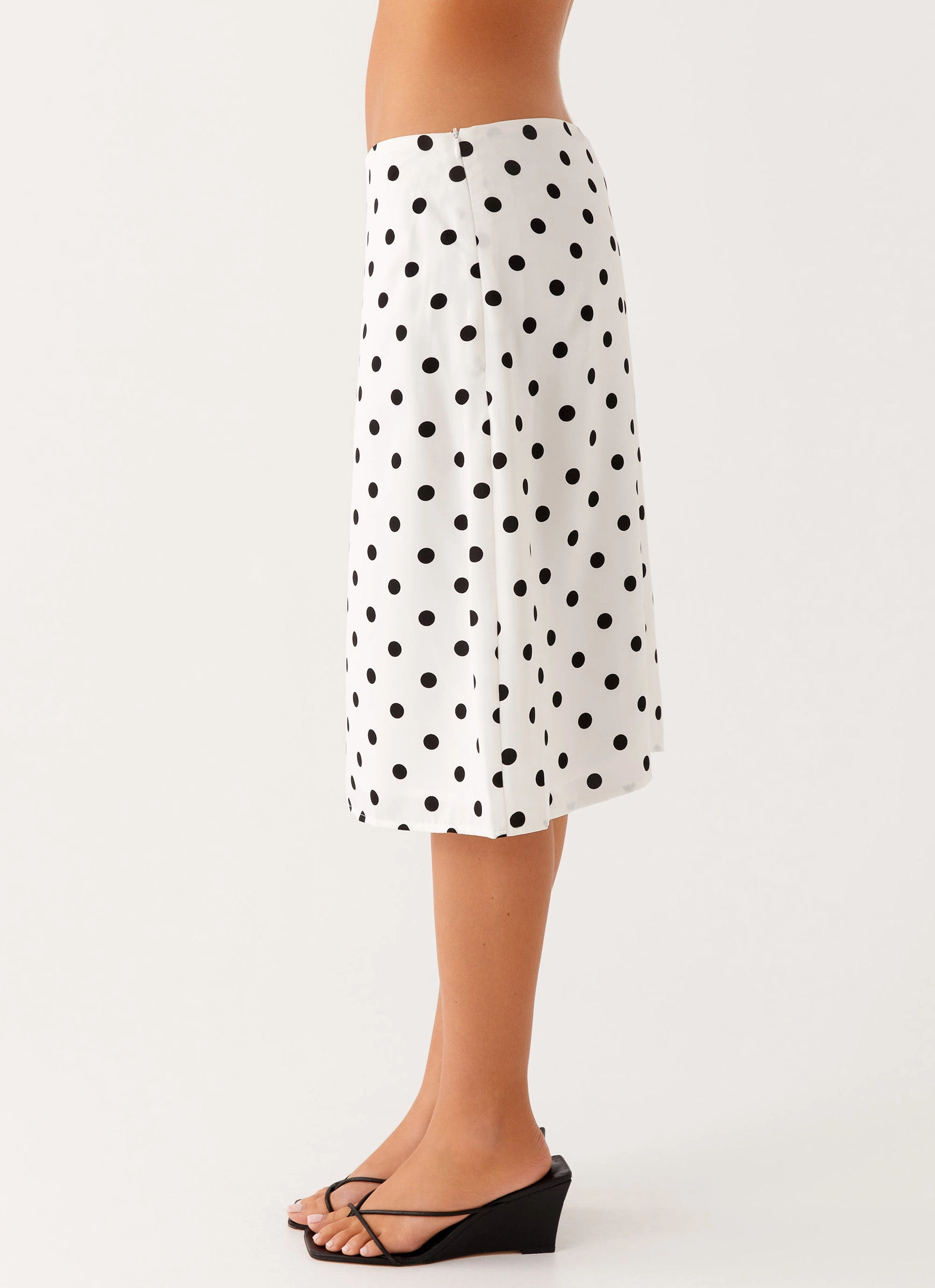 Lightweight Material Smooth zipper closure Evoke Chiffon Midi Skirt - White Polka Dot