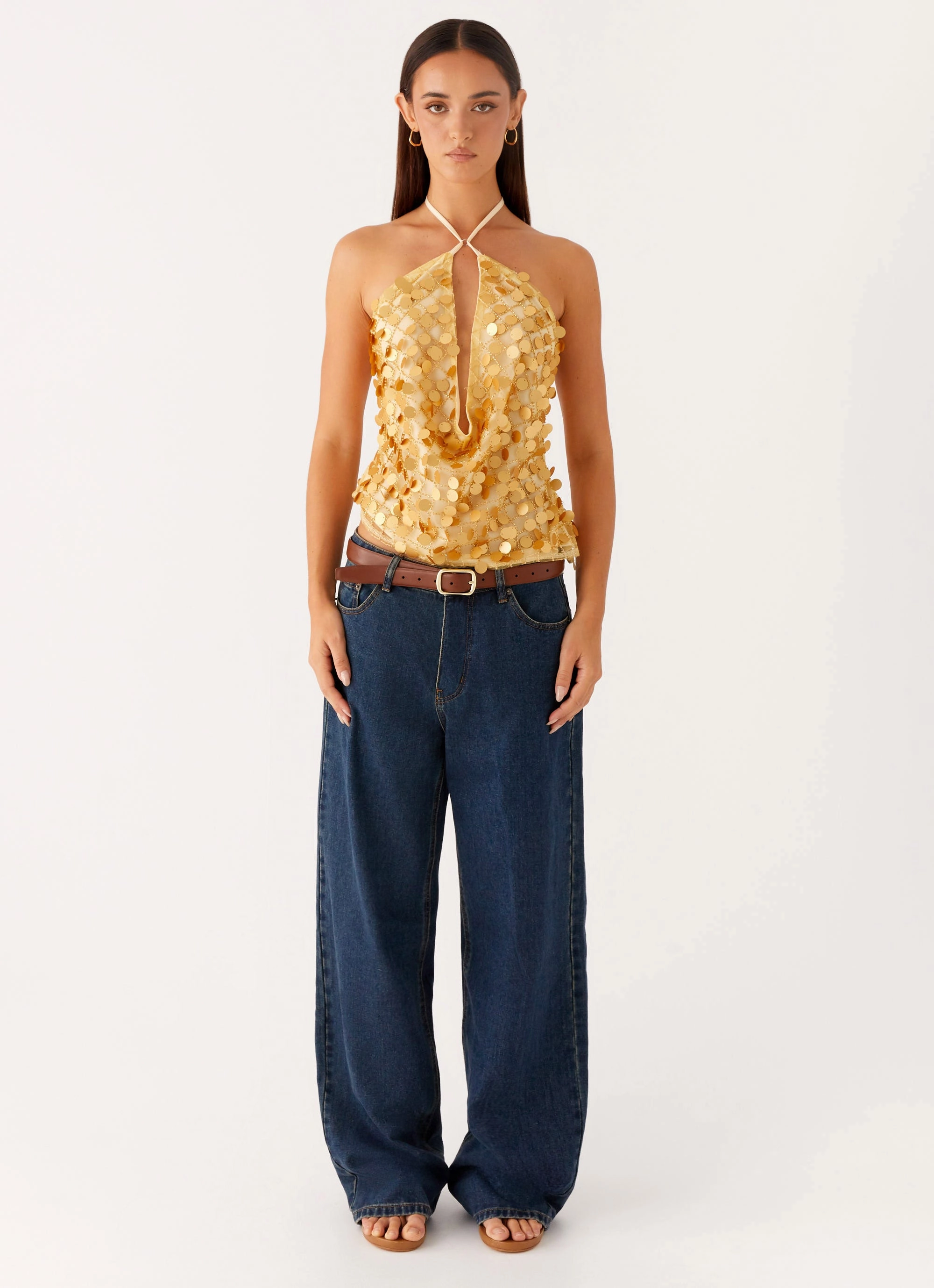 MultiPocket MultiDirectionalStretch Xander Sequin Halter Top - Gold