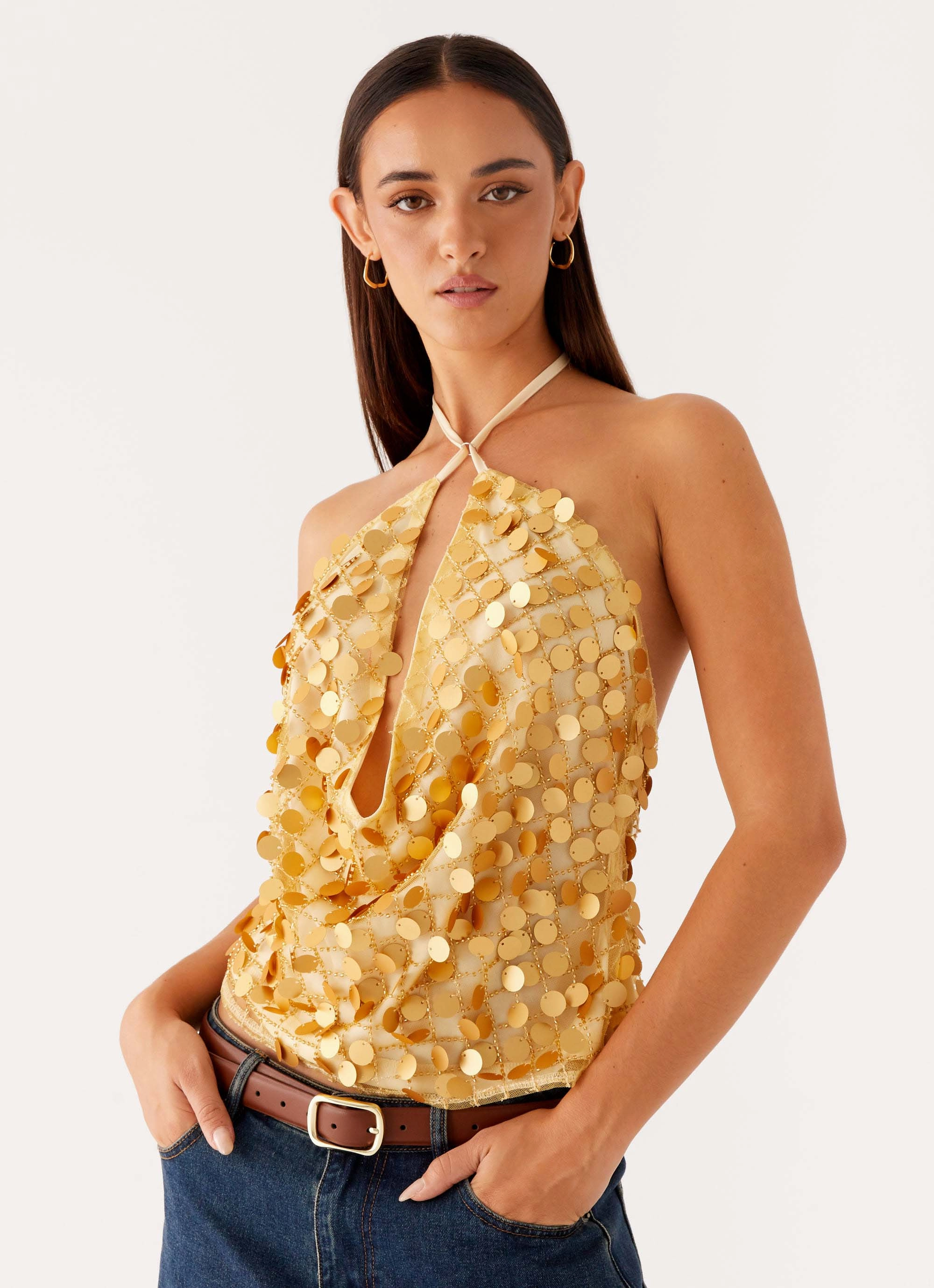 Xander Sequin Halter Top - Gold Multipurpose Layering Piece AntiFade Treatment