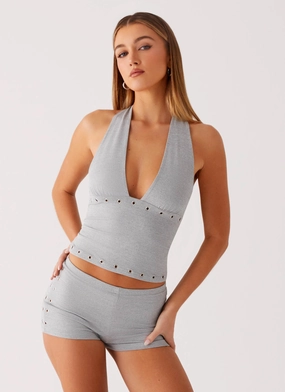Roxy Halter Top - Grey WrinkleFree Structure Breathable Linen Blend