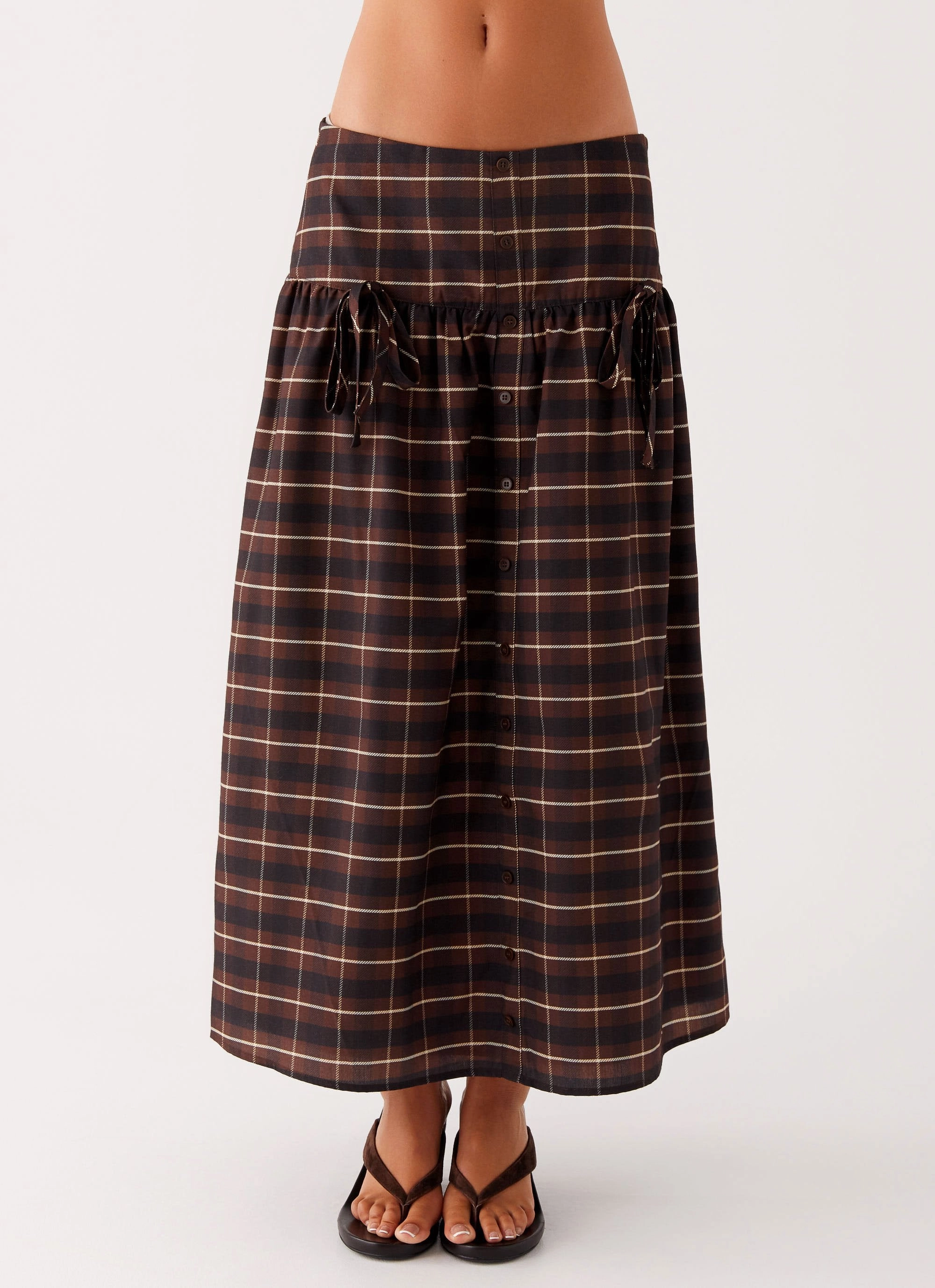 Refined Sophistication Fair trade Quiet Places Midi Skirt - Chocolate Check
