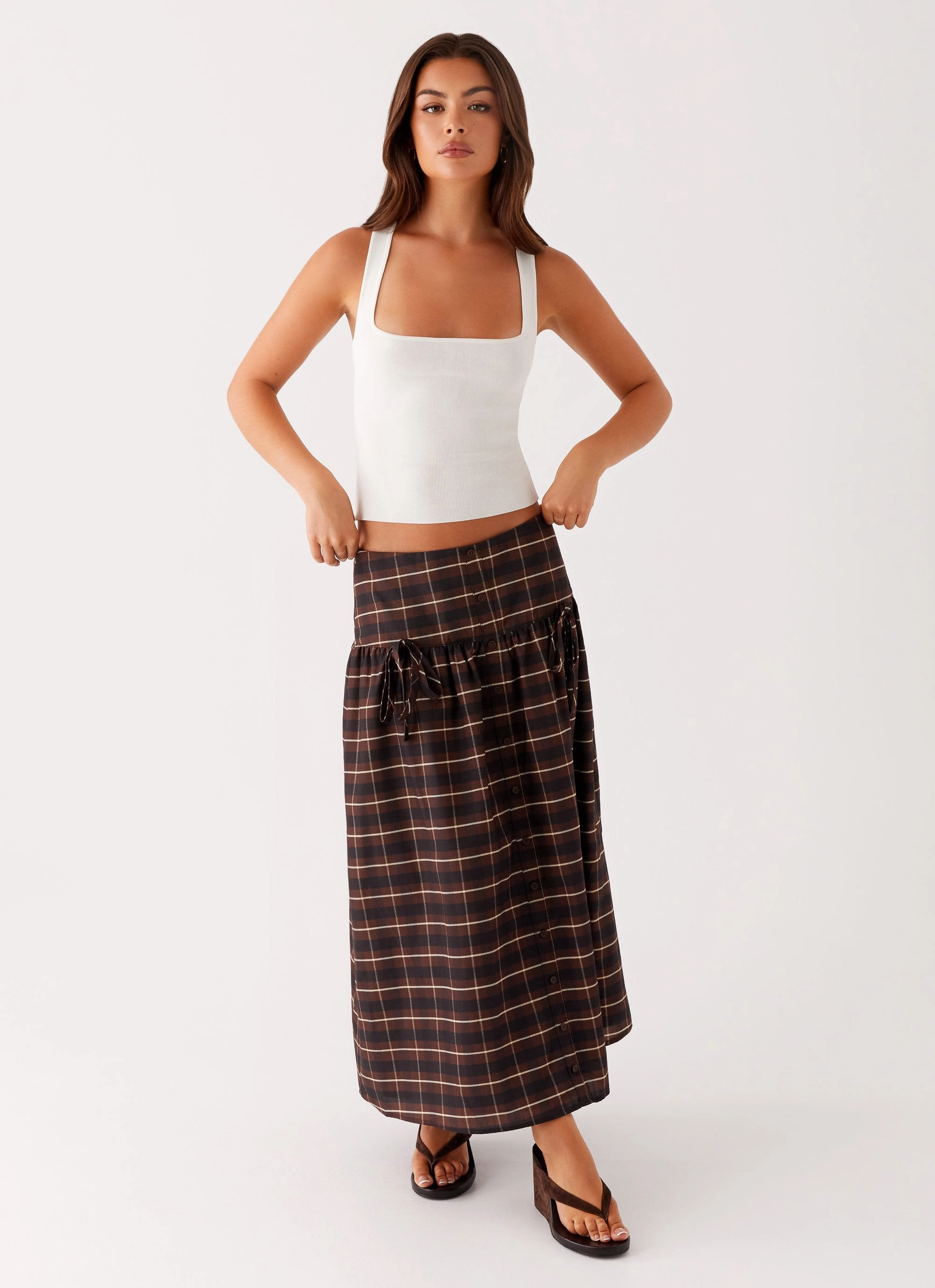 Feminine Charm Quiet Places Midi Skirt - Chocolate Check