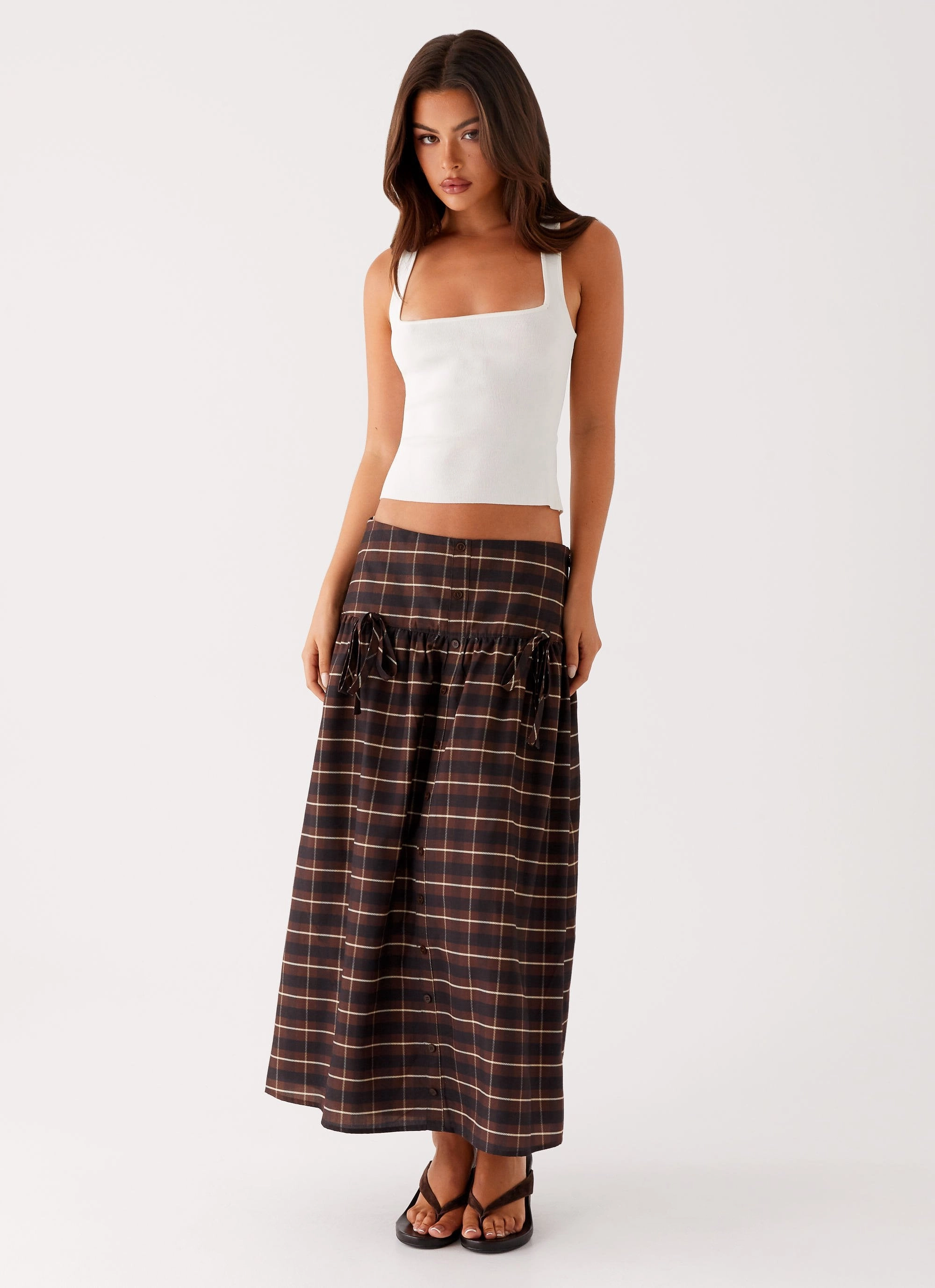 Quiet Places Midi Skirt - Chocolate Check Everyday Favorite