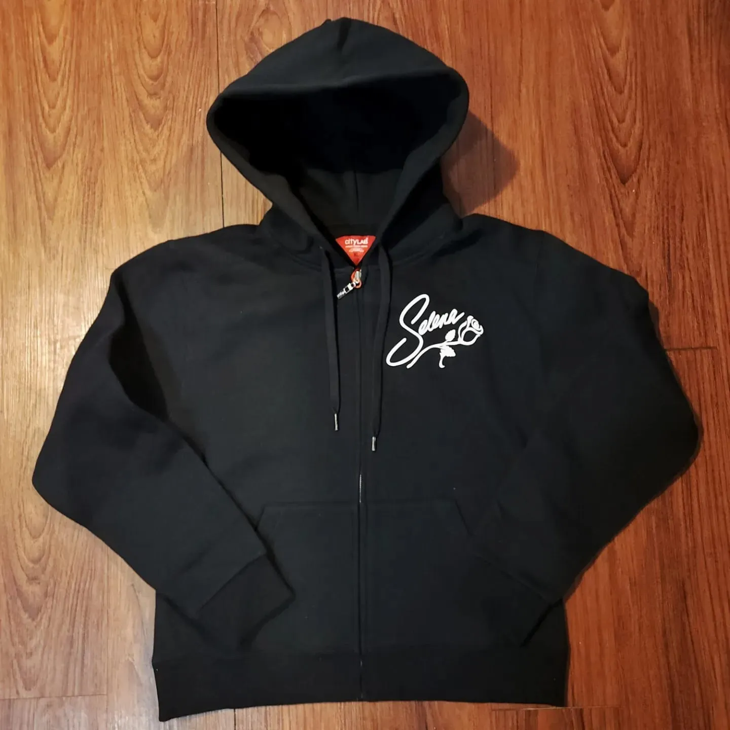 "SELENA" GOLD METALLIC LETTERS/ BLACK WOMEN'S ZIP-UP HOODIE