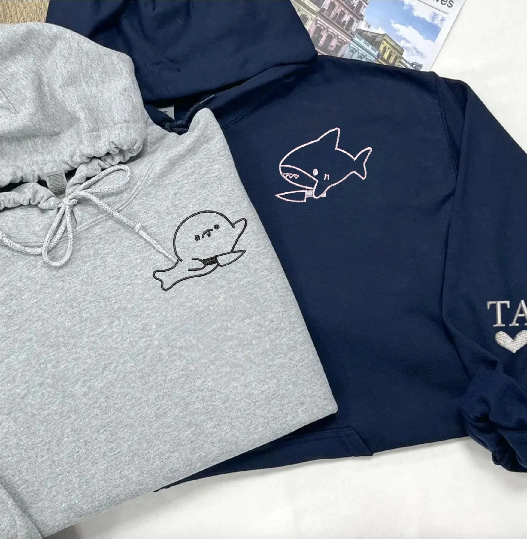 "Shark and Seal" Couple Sweatshirts - Personalized Embroidered Hoodies For Couples