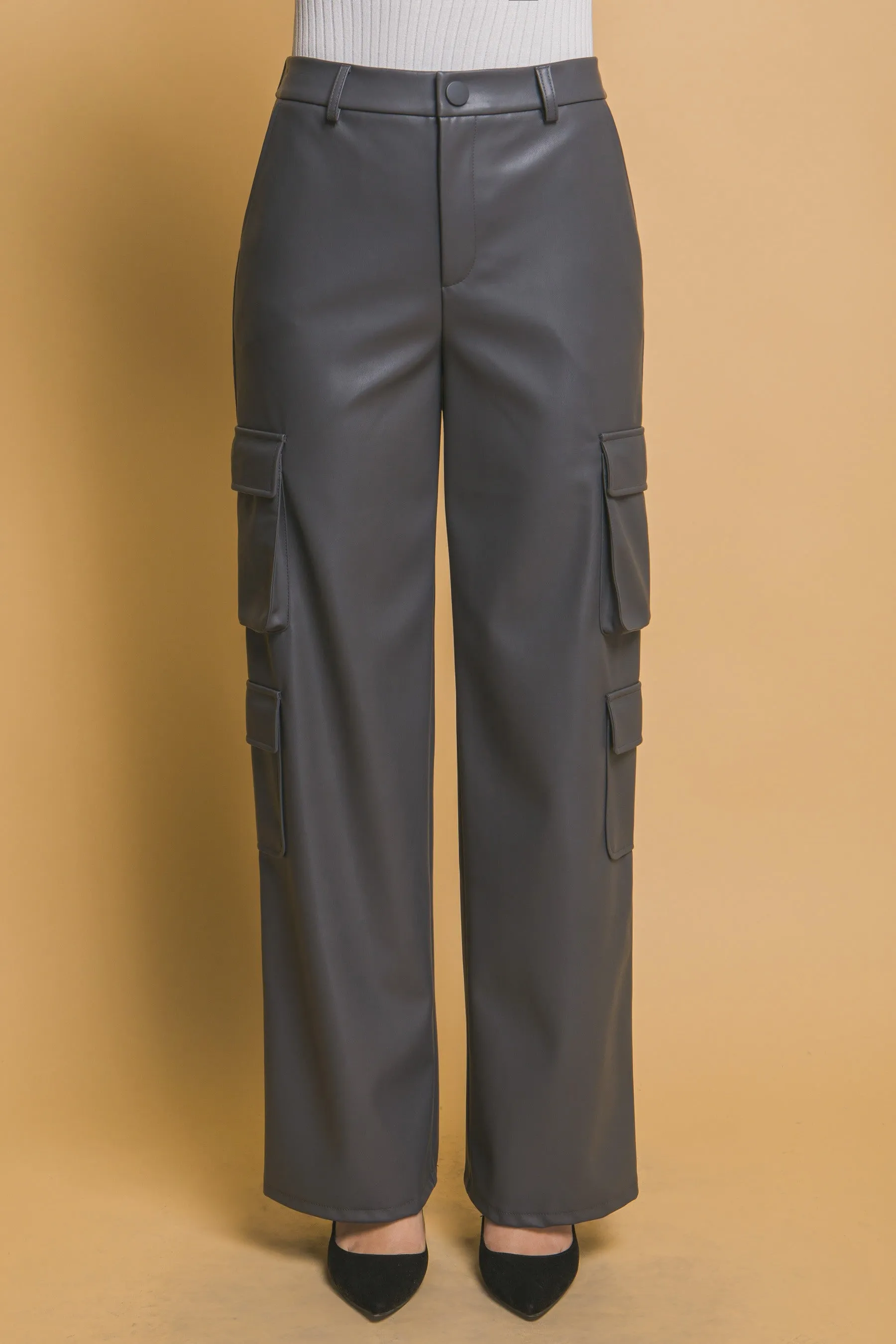"Working Girl" Grey Faux Leather Cargo Pants