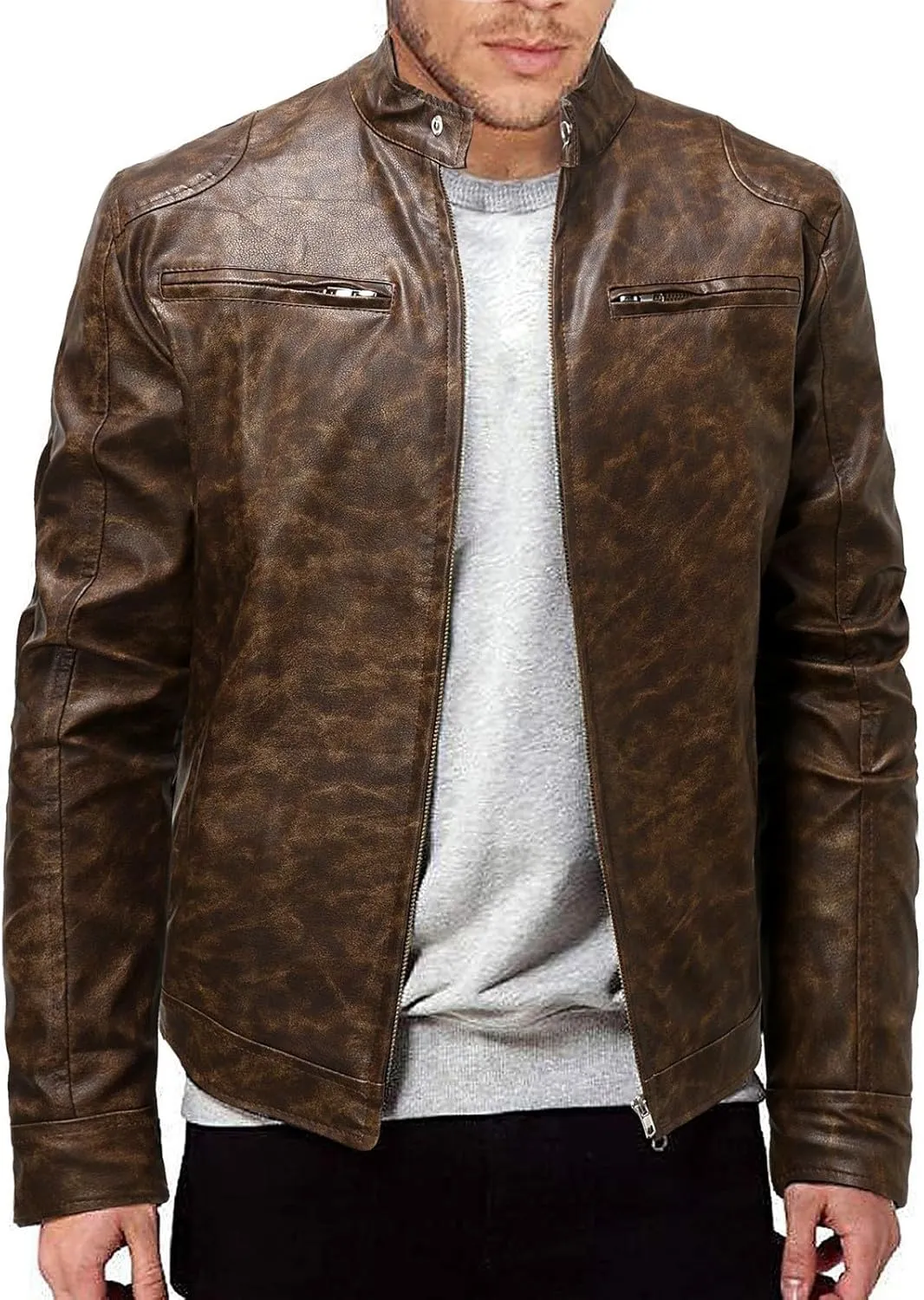 QWENTMTNTY Men Faux Leather Motorcycle Jacket Casual Stylish Moto Riding Biker Jacket Regular Fit Bomber Jackets Outerwear