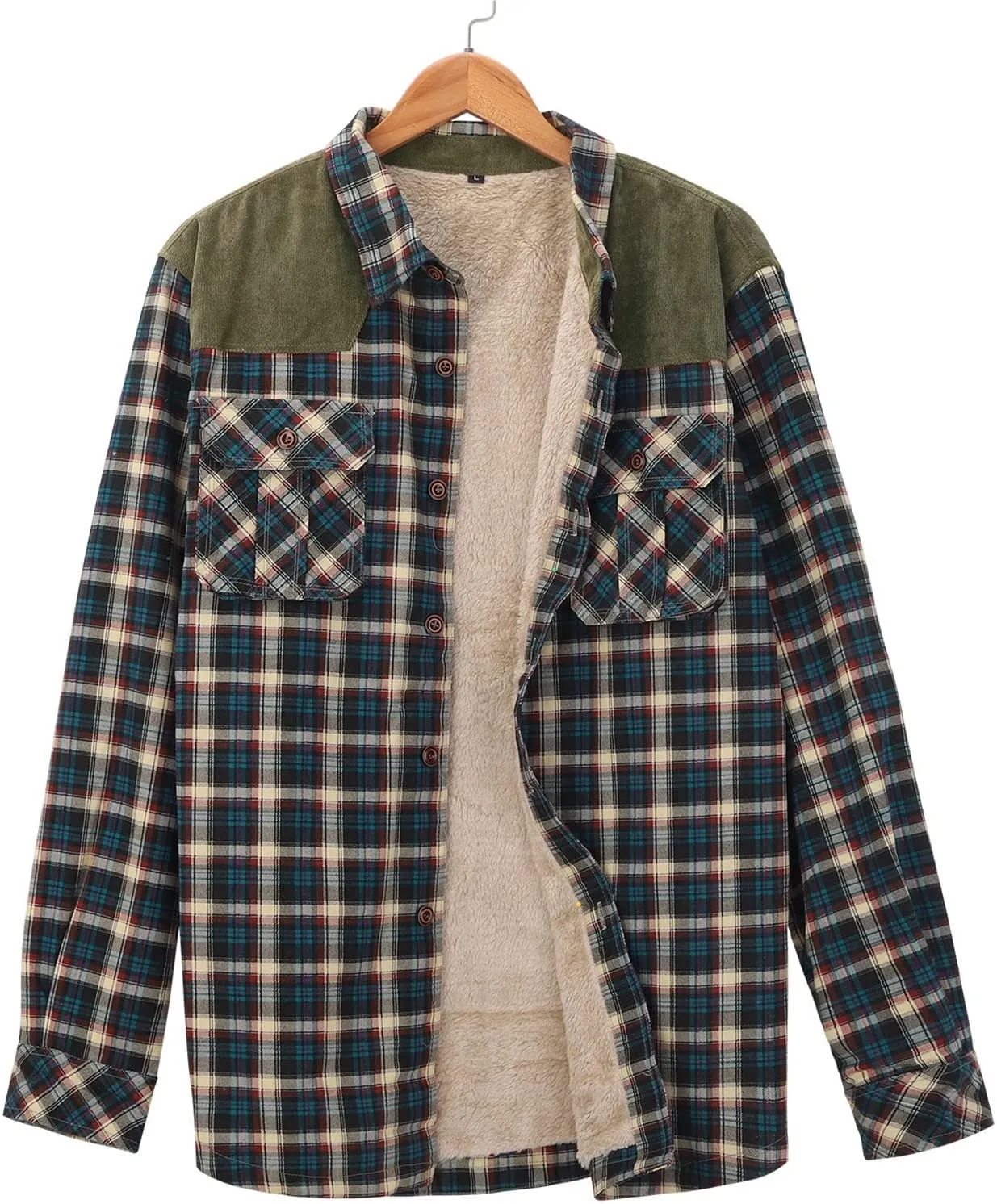 QWENTMTNTY Mens Corduroy Jacket Sherpa Lined Winter Casual Flannel Shirts Western Cowboy Warm Heavyweight Jackets Outerwear